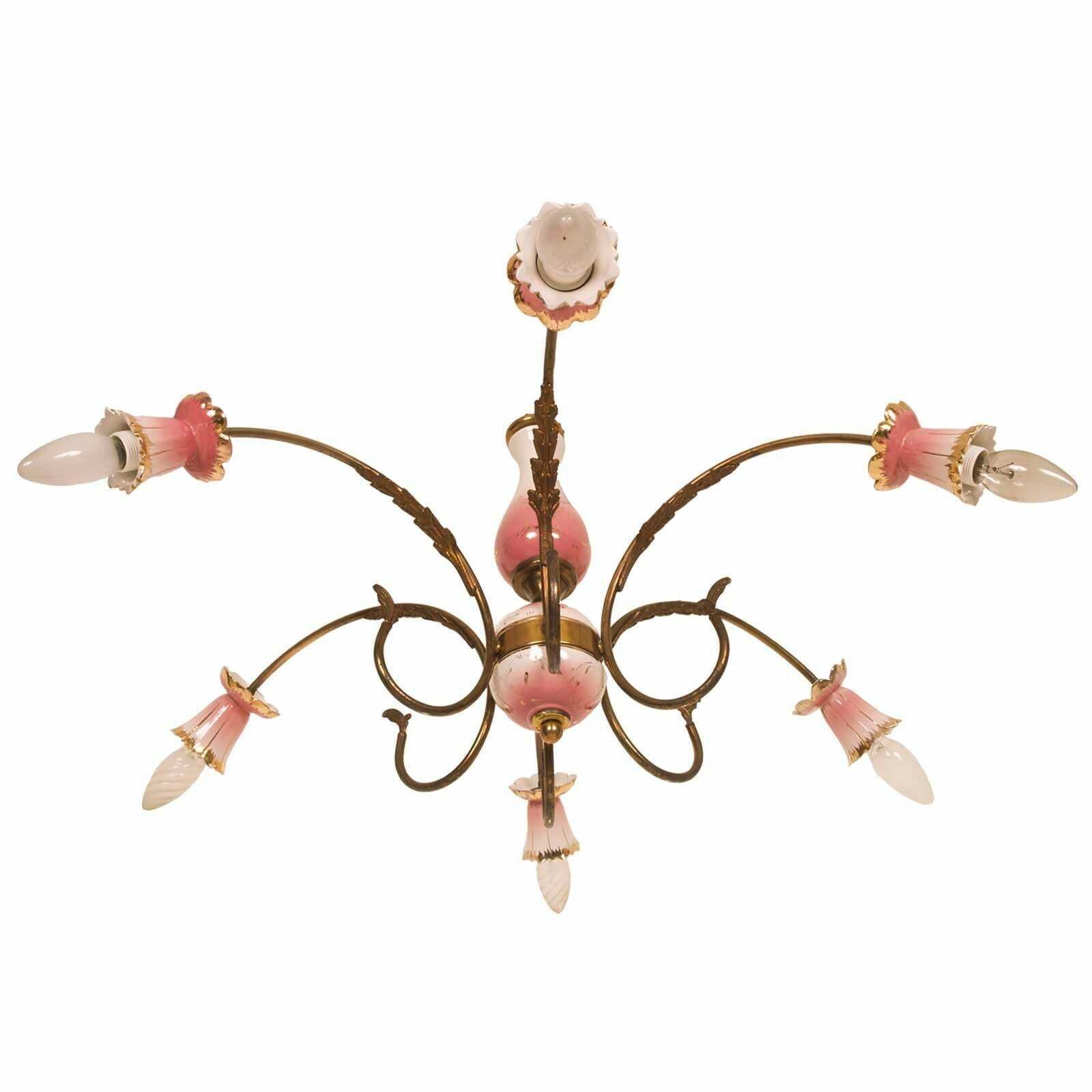 Chandelier Pendant Lamp Art Deco, Gilt Brass & Decorated Glazed Ceramic Gold photo furniture