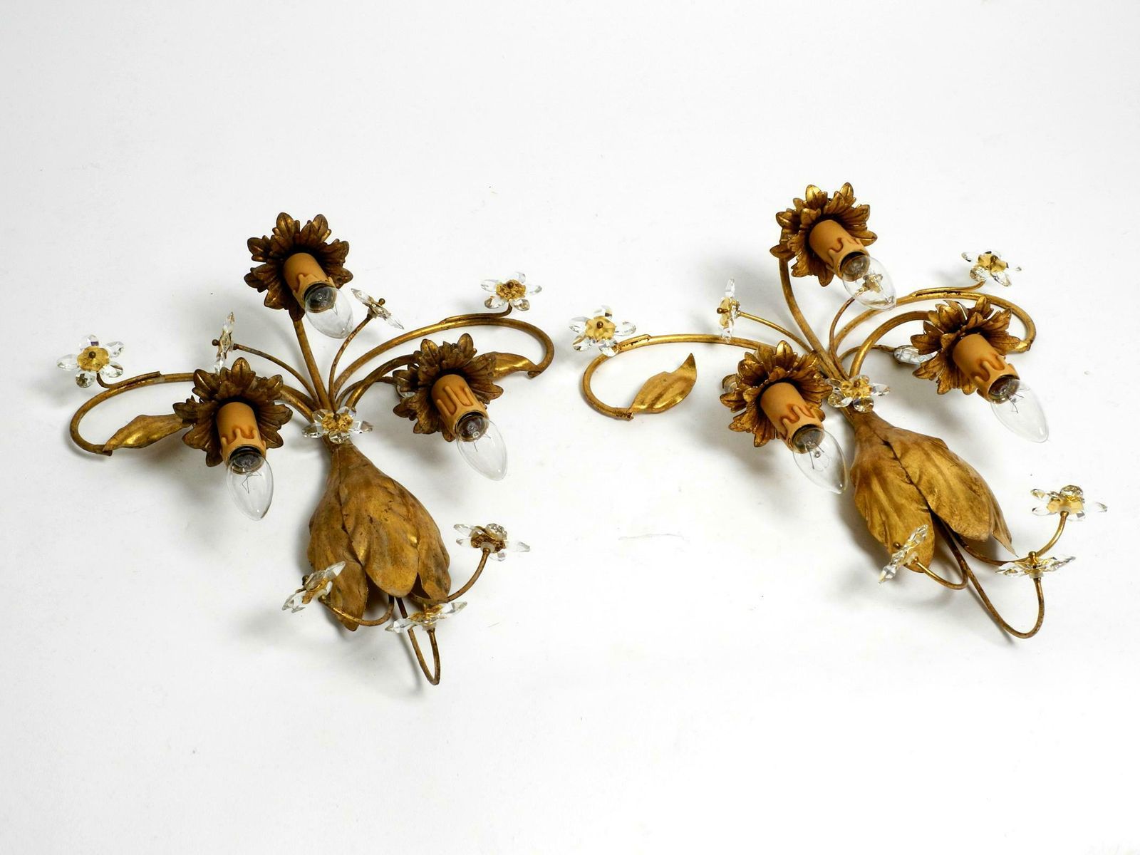 Pair Of Elegant Gold Plated Italian 1980's Floral Regency Murano Glass Sconces photo 1383.0