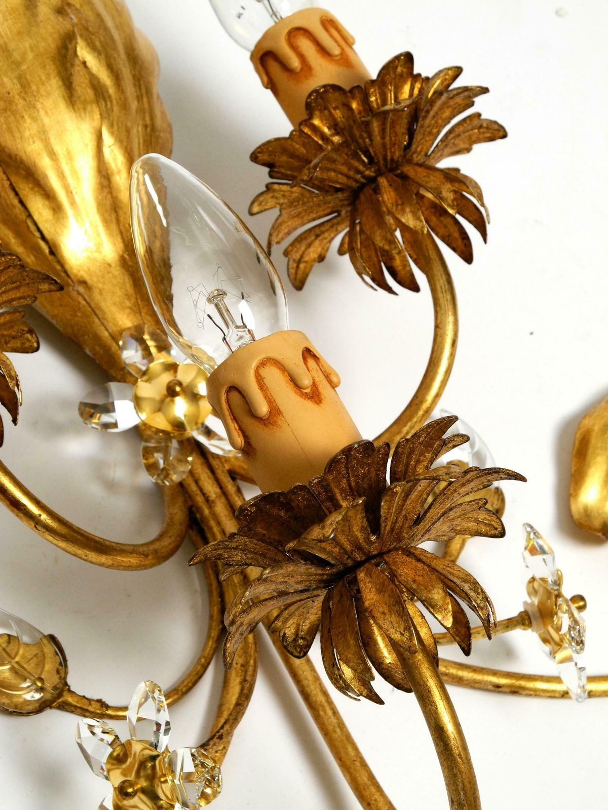 photo for sale Pair Of Elegant Gold Plated Italian 1980's Floral Regency Murano Glass Sconces