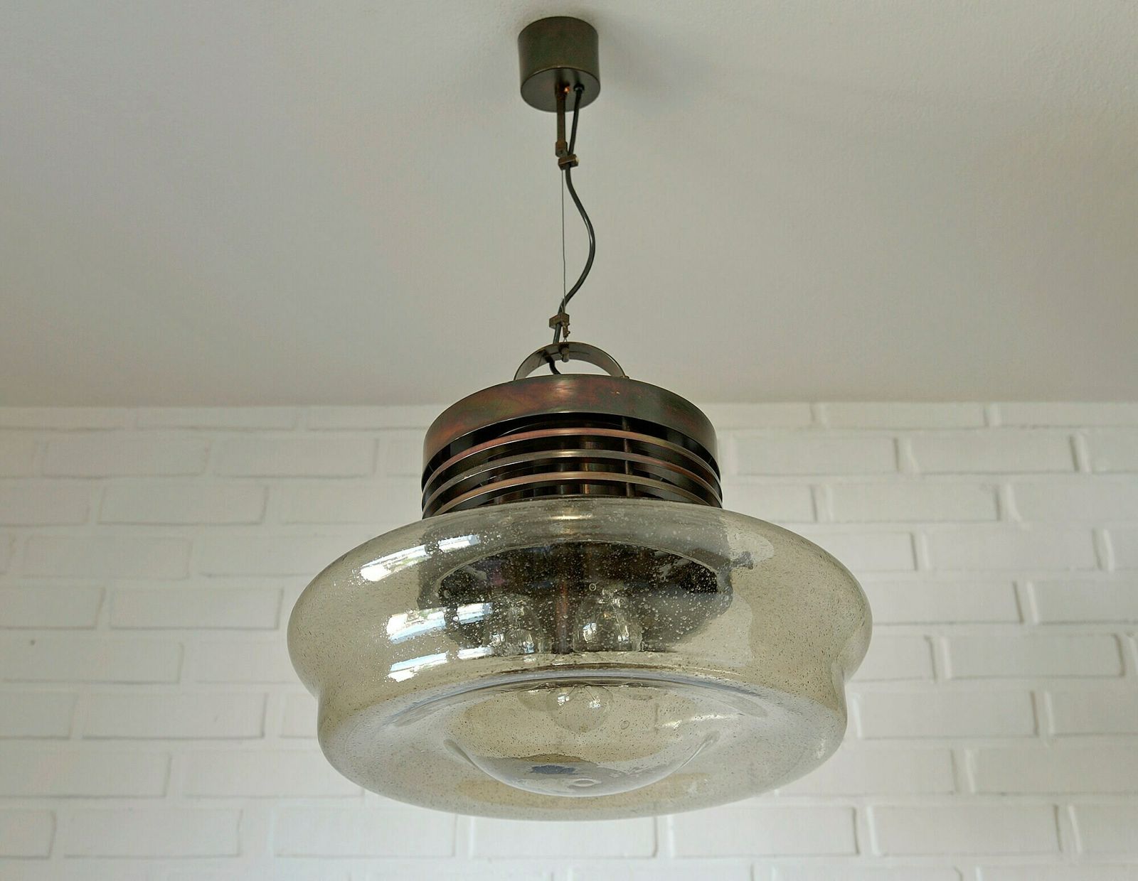 Vintage Brutalist Light Fixture / Hand Blown Glass Pendant Lamp / Xl Rustic Copper Loft Chandelier / Mid Century Modern Yugoslavia In 80's photo Lighting