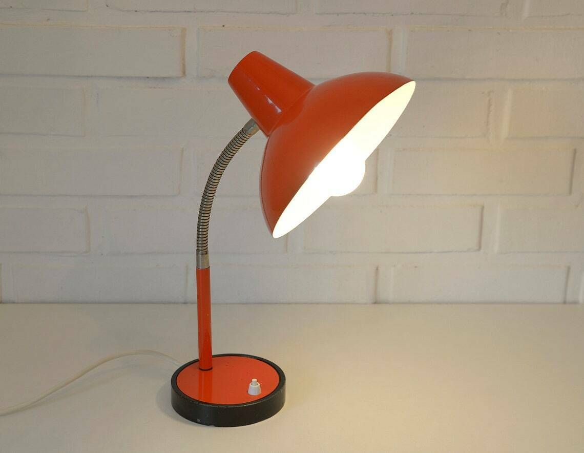Vintage Desk Lamp  Orange  Red  Industrial Gooseneck Table Light  Made In Yugoslavia In 1970's