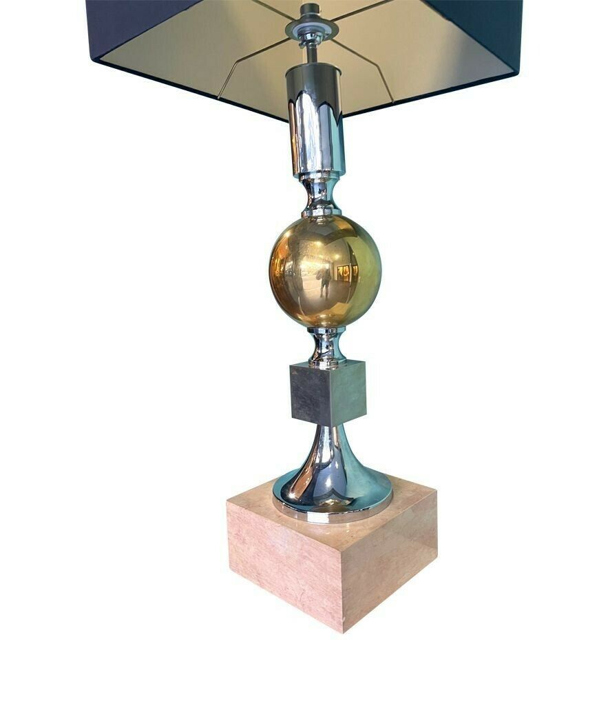 A Large French 1970s Brass, Chrome And Marble Lamp By Maison Barbier photo Lighting