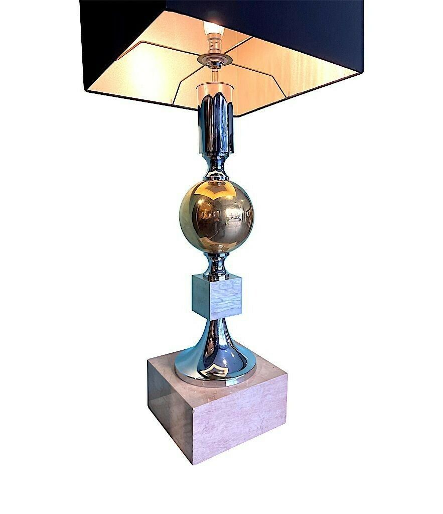 photo furniture A Large French 1970s Brass, Chrome And Marble Lamp By Maison Barbier