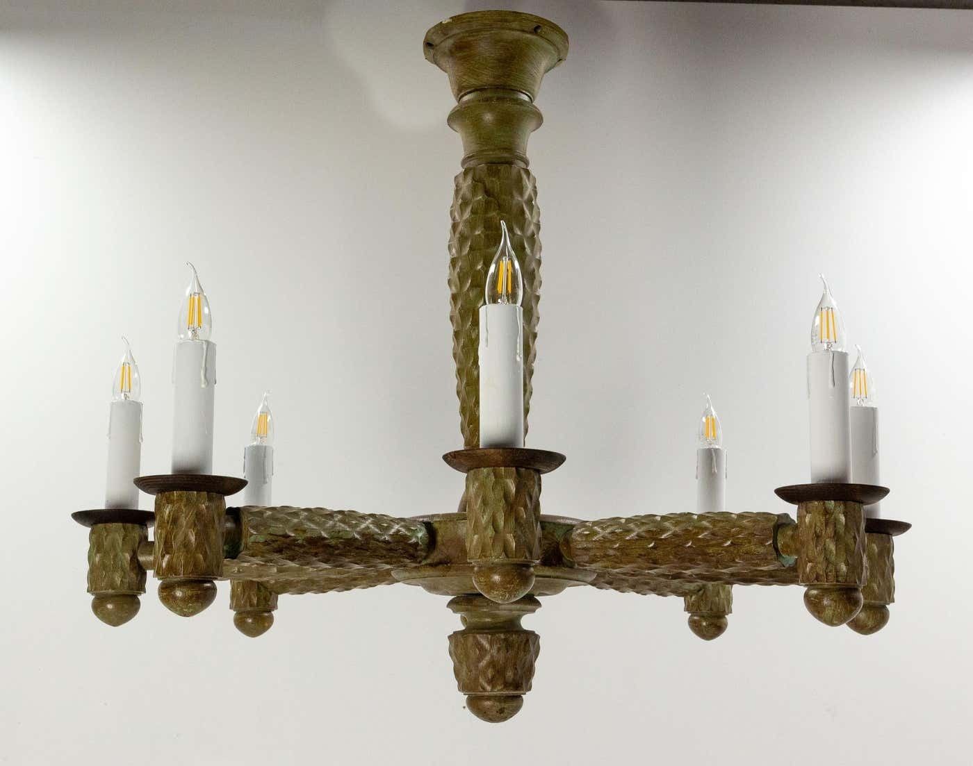 French Walnut, Chrome And Glass Ceiling Lustre Eight Lamps, Circa 1960 photo 1850.0