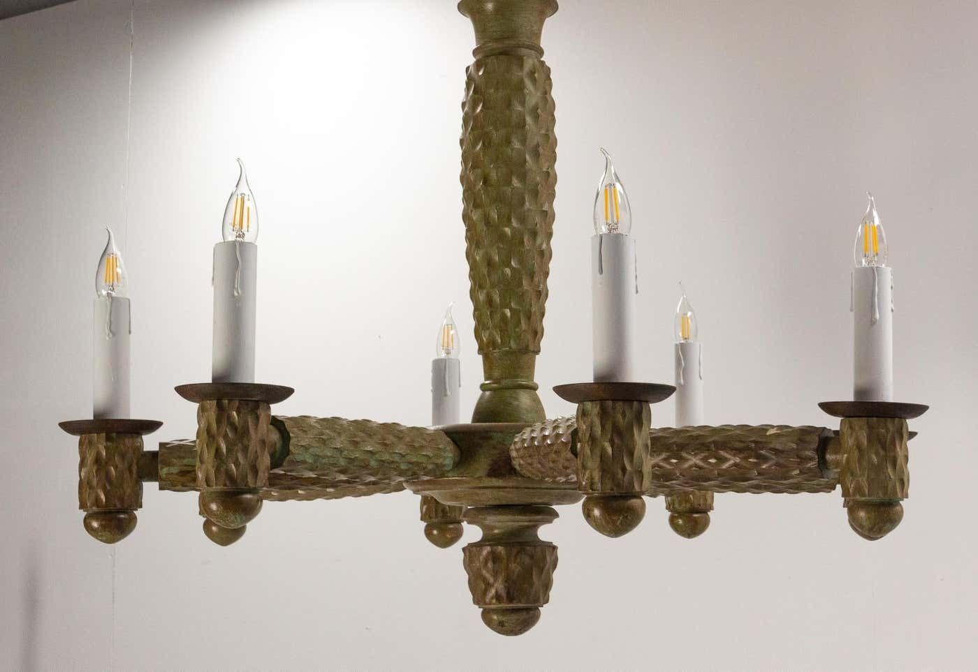 French Walnut, Chrome And Glass Ceiling Lustre Eight Lamps, Circa 1960 photo vinterior