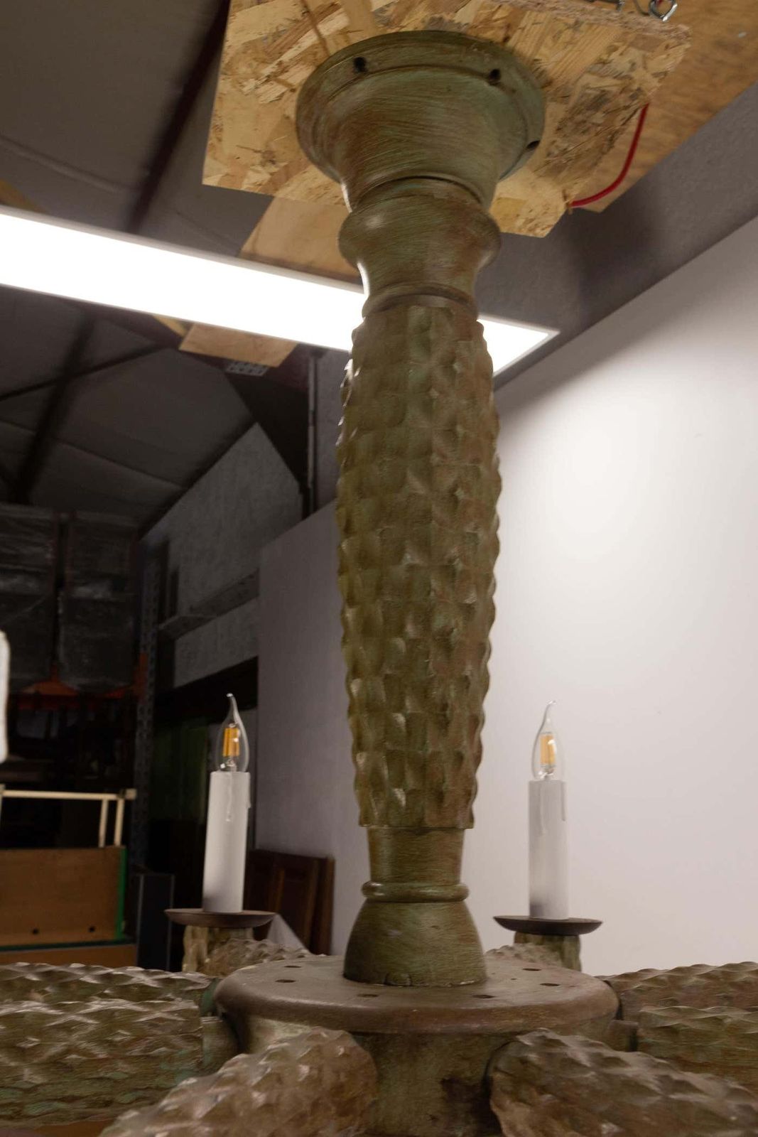 photo for sale French Walnut, Chrome And Glass Ceiling Lustre Eight Lamps, Circa 1960