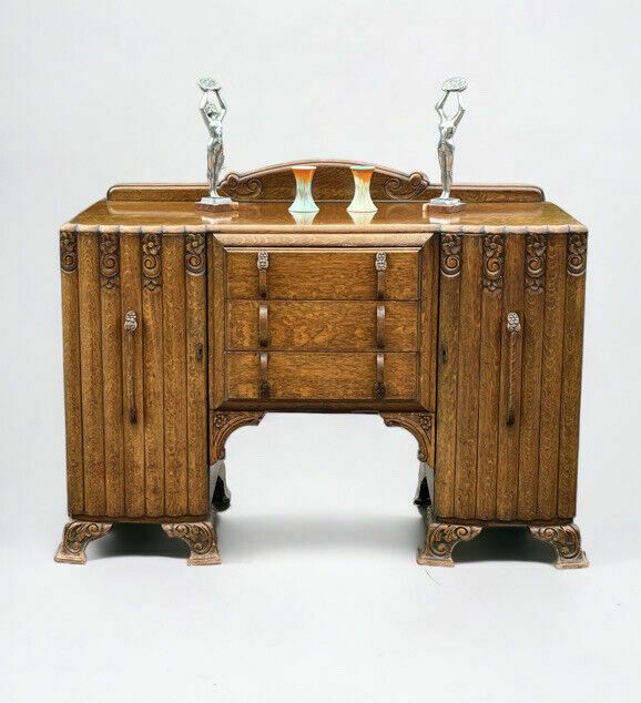 Art Deco Oak Sideboard. Circa 1930’s. Carved With Flowers Lots Of Storage photo furniture