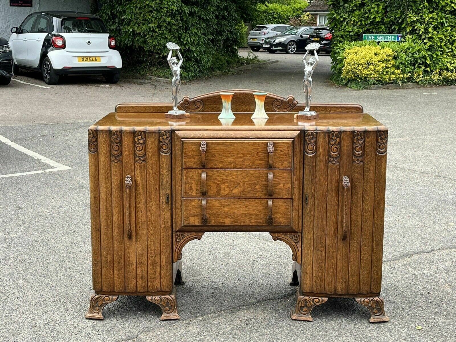 photo for sale Art Deco Oak Sideboard. Circa 1930’s. Carved With Flowers Lots Of Storage