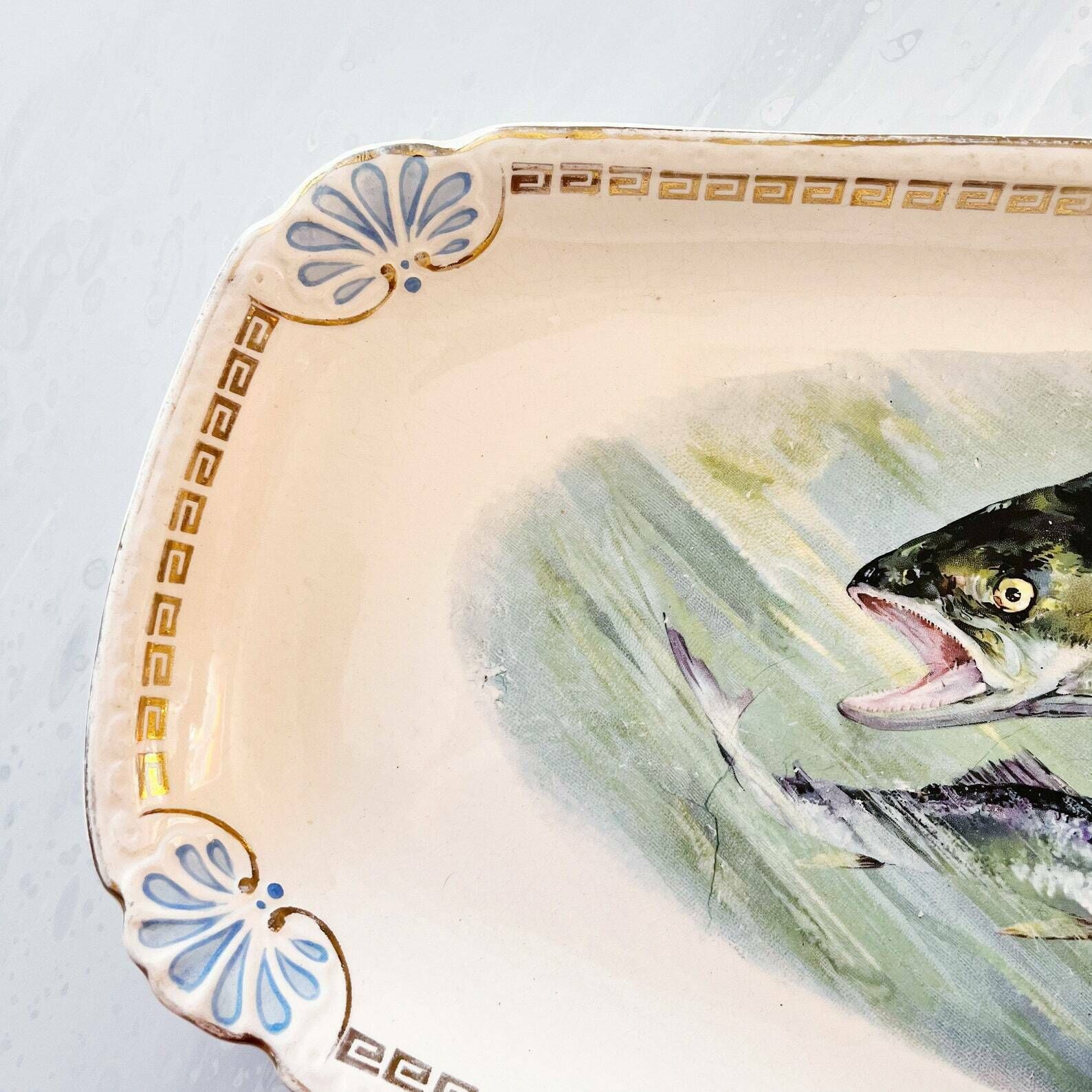 Antique Fish Platter, Antique Serving Dish, French Ceramic Platter, German Ceramic Serving Dish By Franz Antone Mehlem, Bonn Pottery Germany photo vinterior