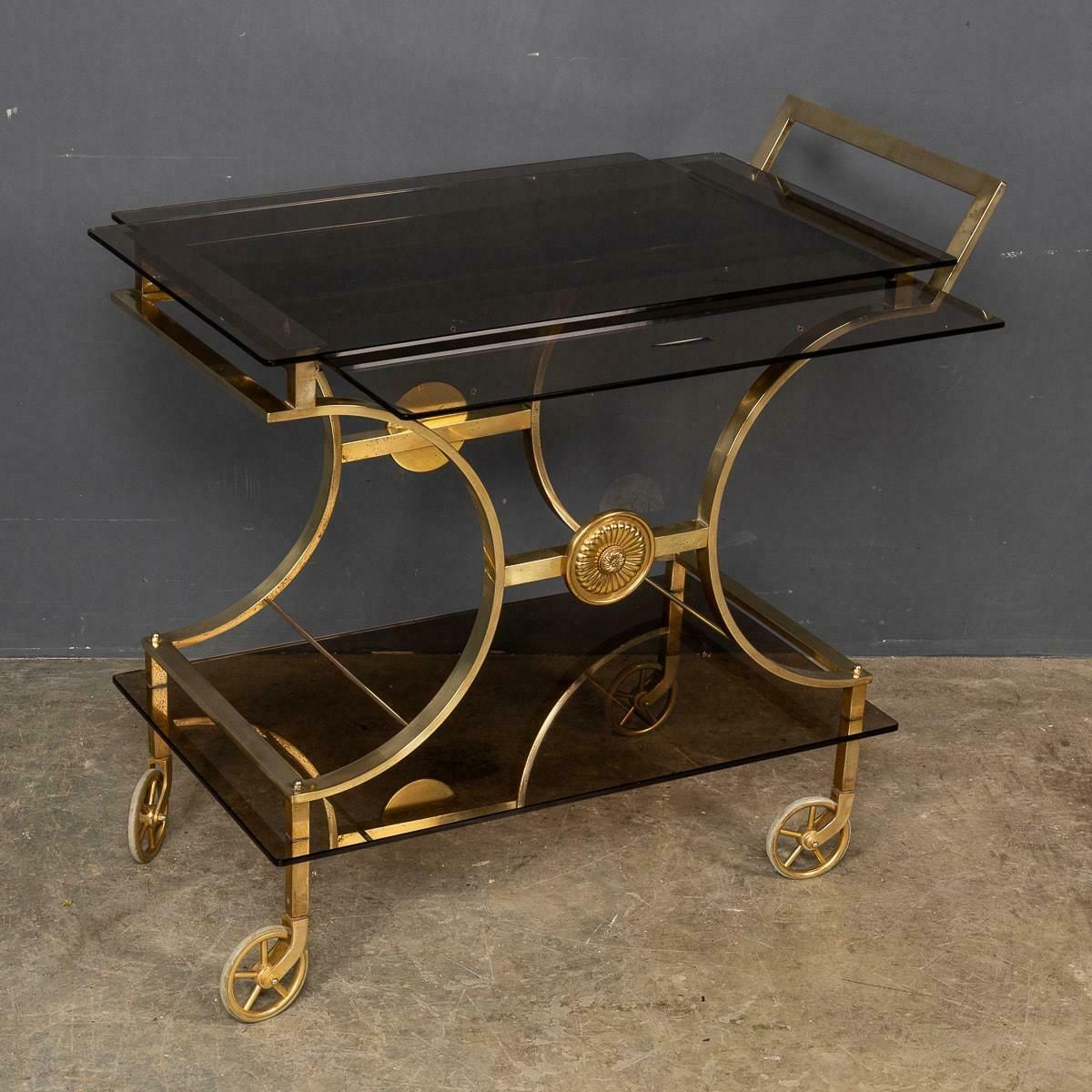 20th Century French Three Tier Brass & Glass Bar Trolley By Maison Bagues photo furniture