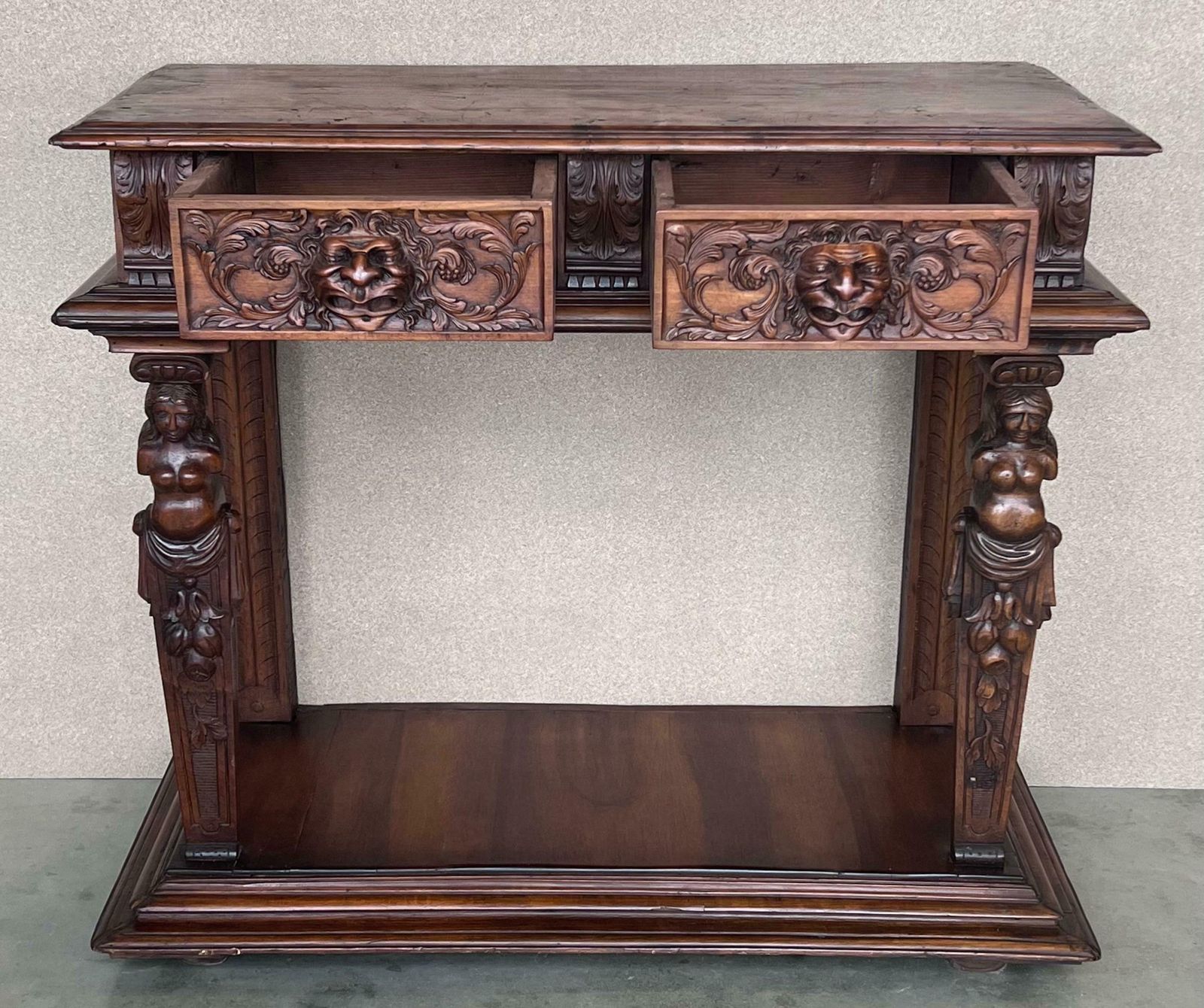 Console sculptée de style Renaissance, plateau en marbre beige, XIXe siècle photo 3564.0