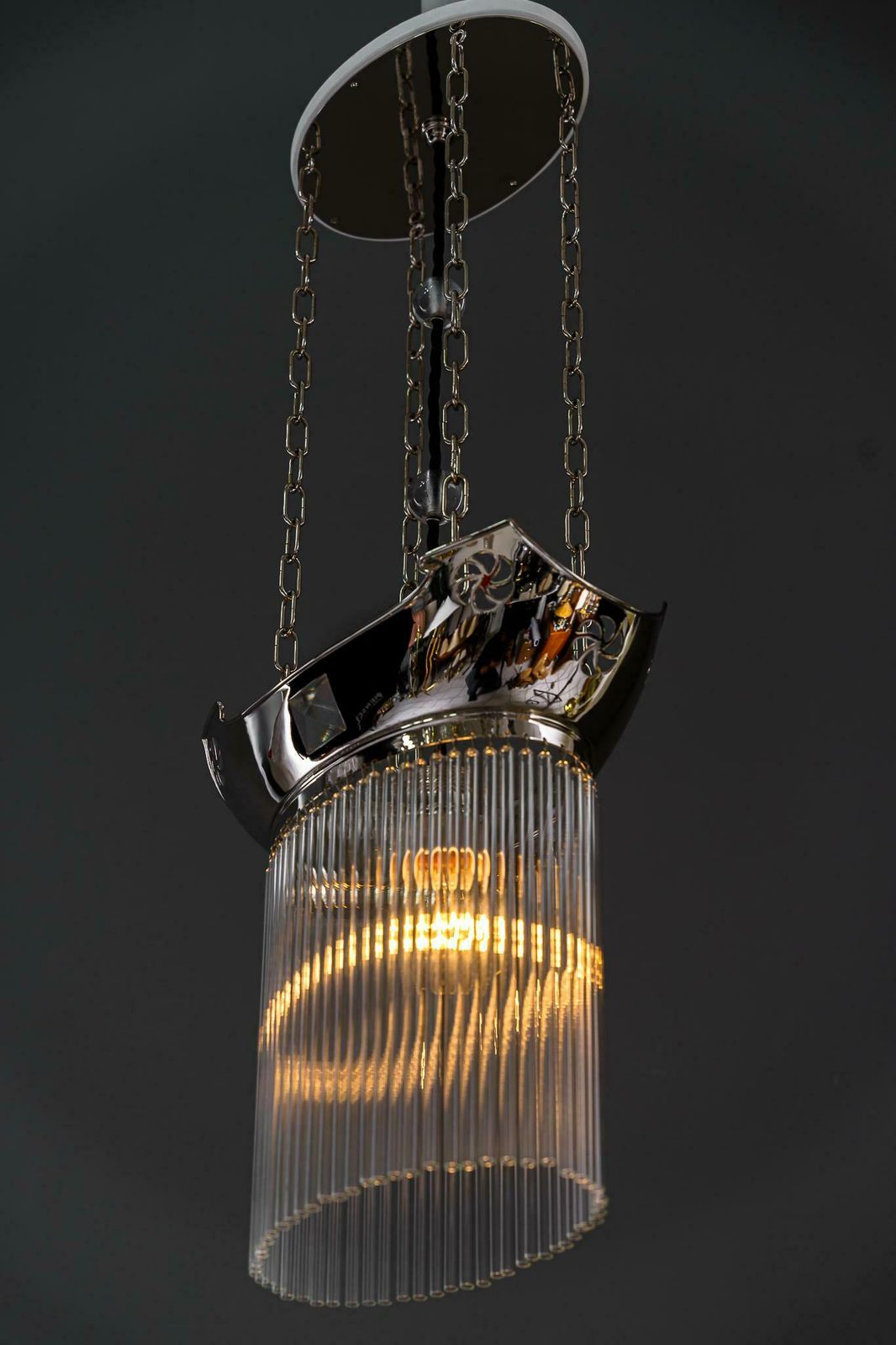 Lighting 3x Art Deco Nickel Plated Pendants With Glass Sticks Vienna Around 1920s photo