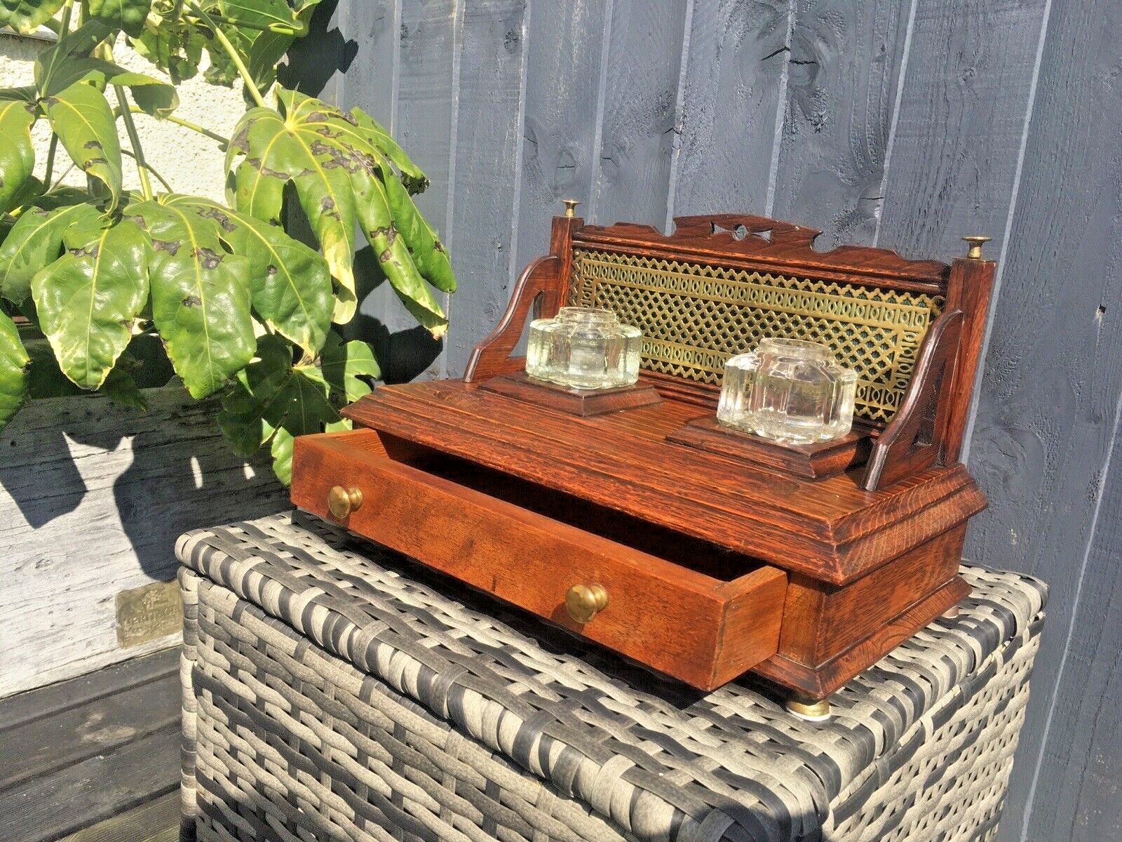 Ornate Antique Oak Brass Glass Inkwell Desk Tidy Stand Drawer Stationary Pen Box photo for sale