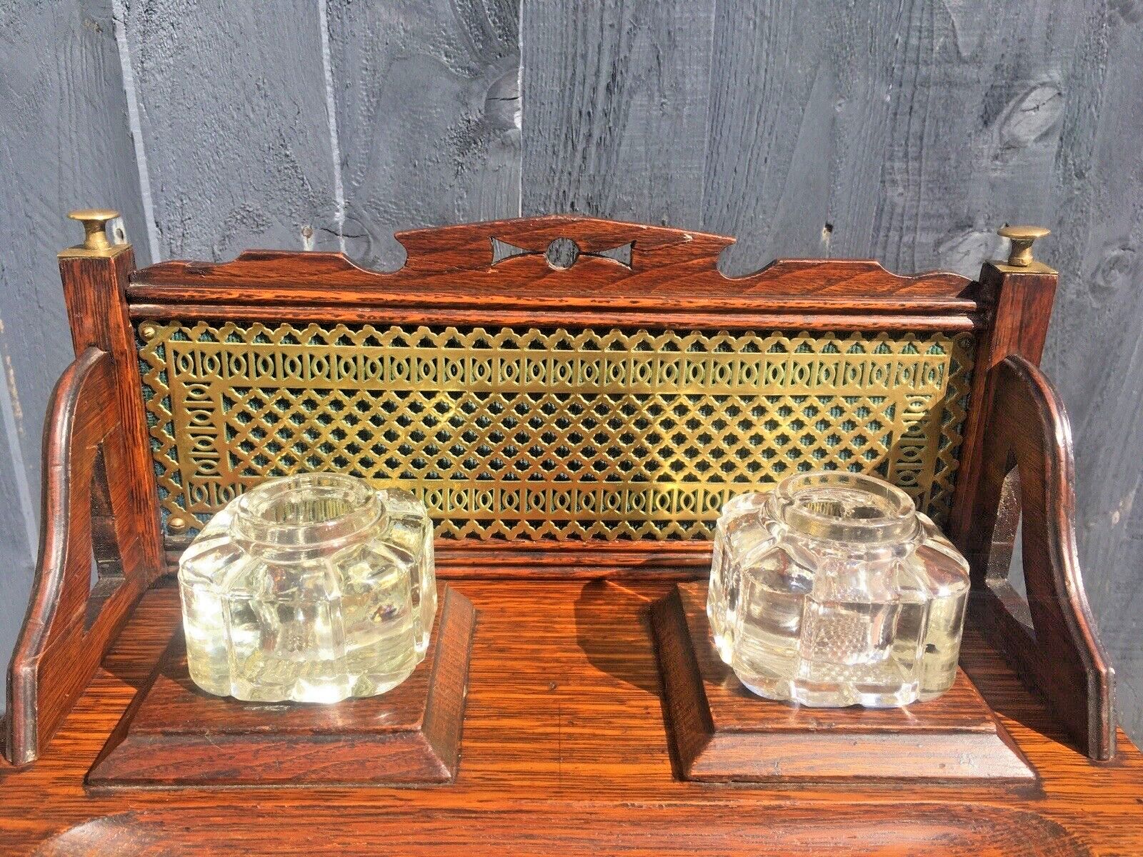 Ornate Antique Oak Brass Glass Inkwell Desk Tidy Stand Drawer Stationary Pen Box photo Home Decor