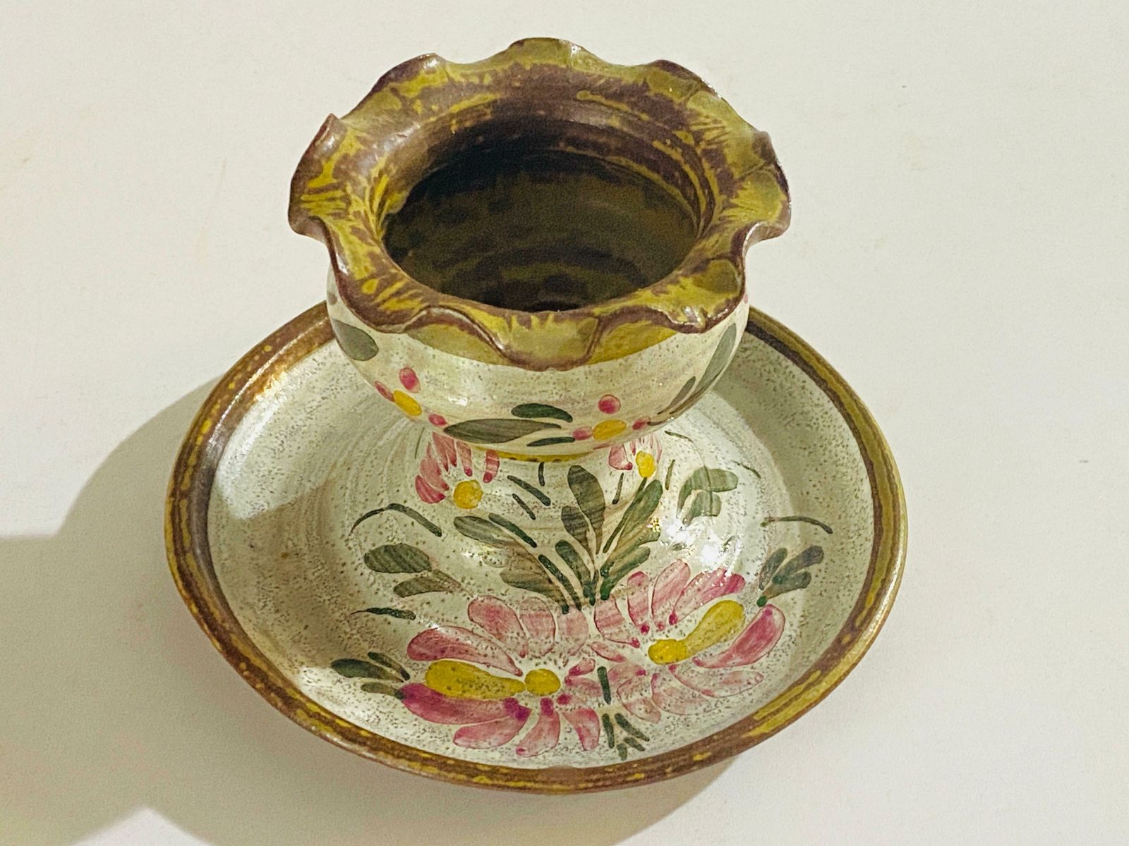 Ceramic Candleholder France 1960 Beige Green Flowers Decor Pattern By Kerluc photo vinterior