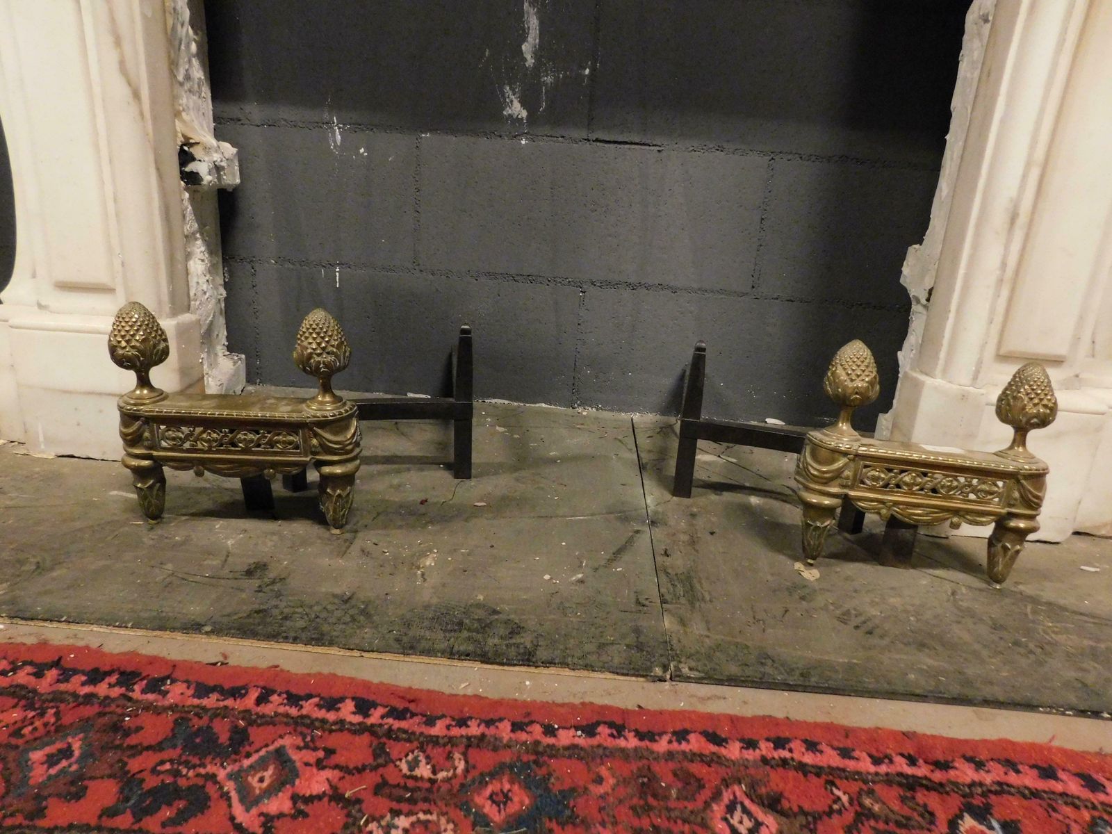Pair Of Antique Fire Dogs In Gilded Bronze Richly Decorated With Pine Cones, '800 photo for sale