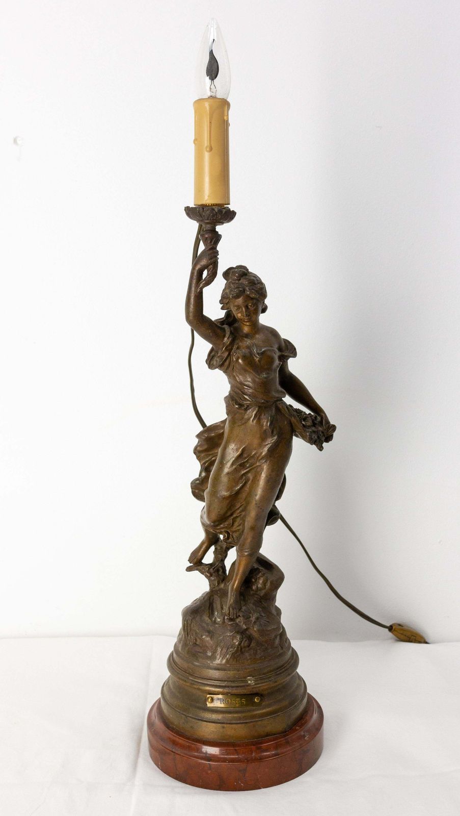 French Spelter Woman With Roses Table Lamp From L A Moreau On Marble Base C 1900 photo furniture