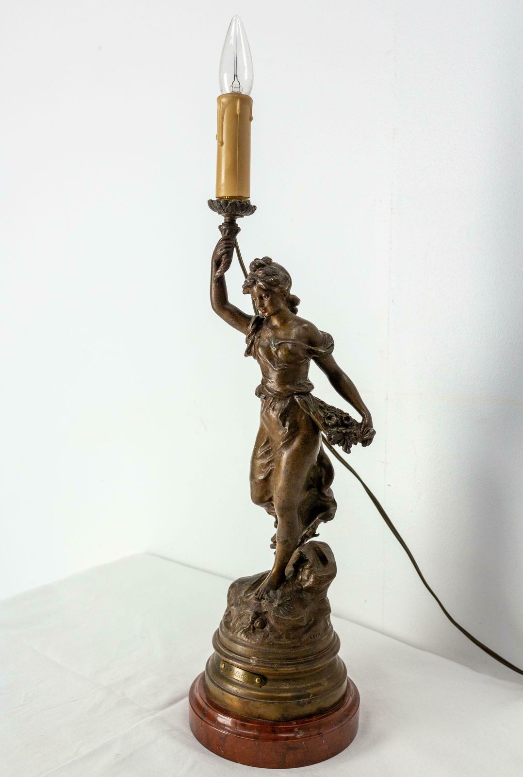 French Spelter Woman With Roses Table Lamp From L A Moreau On Marble Base C 1900 photo for sale