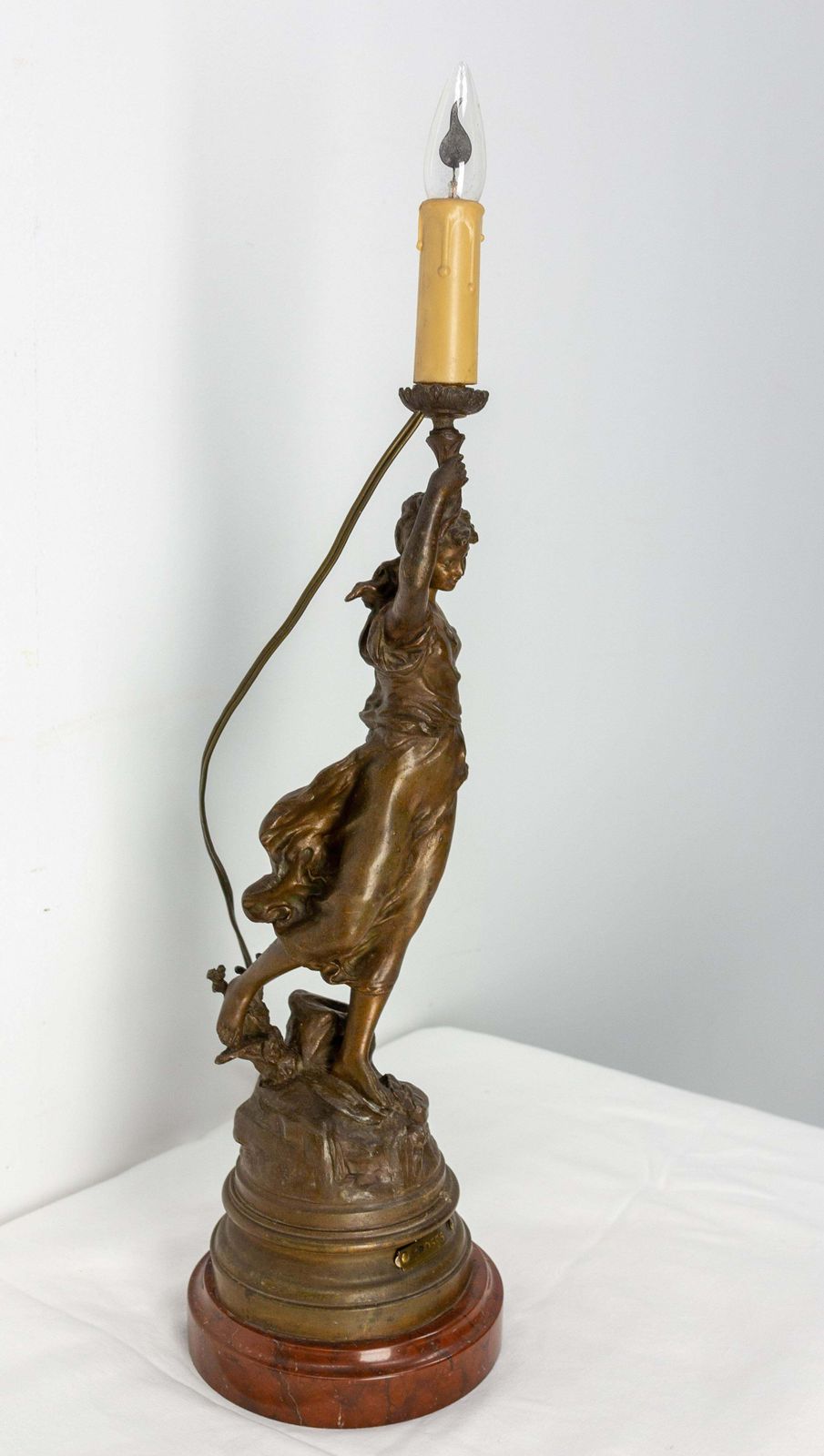 French Spelter Woman With Roses Table Lamp From L A Moreau On Marble Base C 1900 photo Lighting