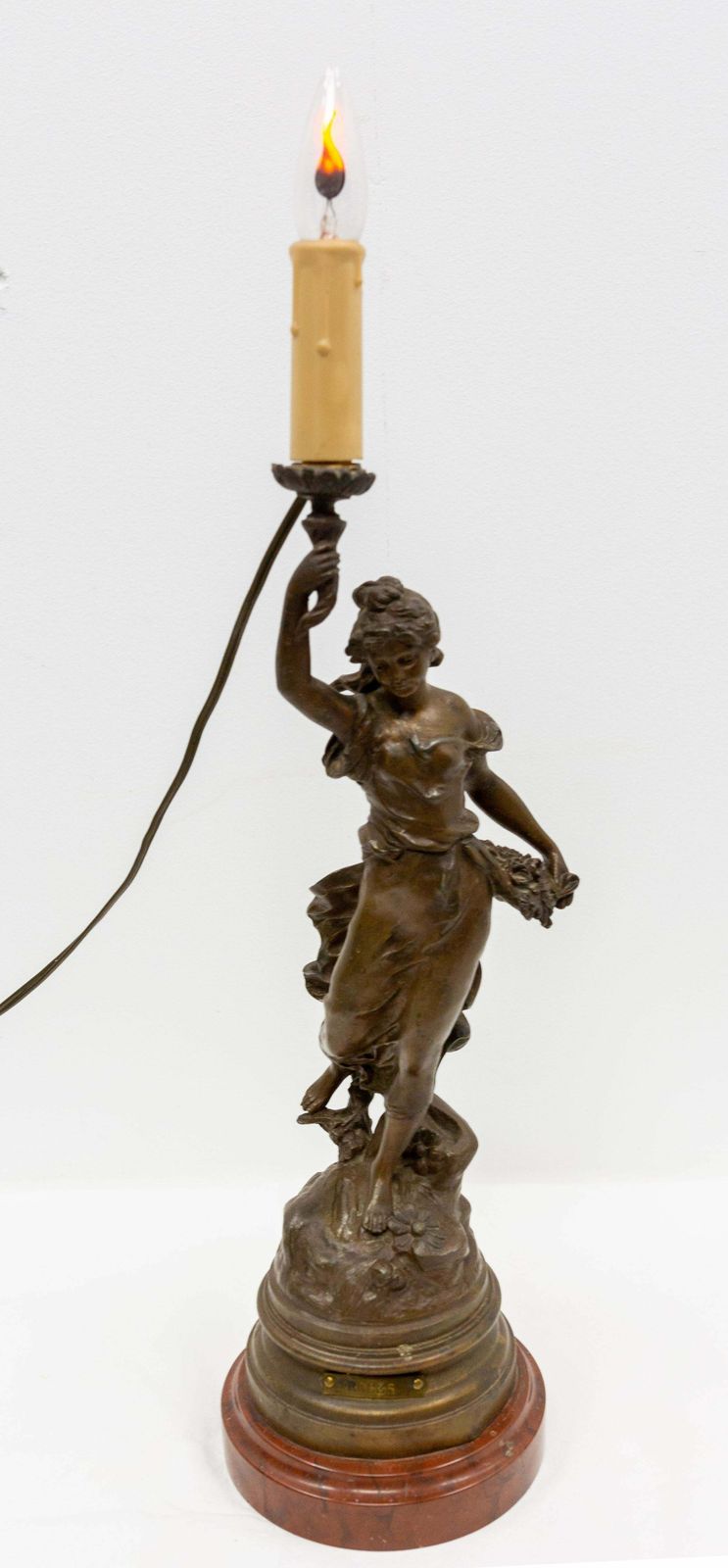 French Spelter Woman With Roses Table Lamp From L A Moreau On Marble Base C 1900 photo vintage