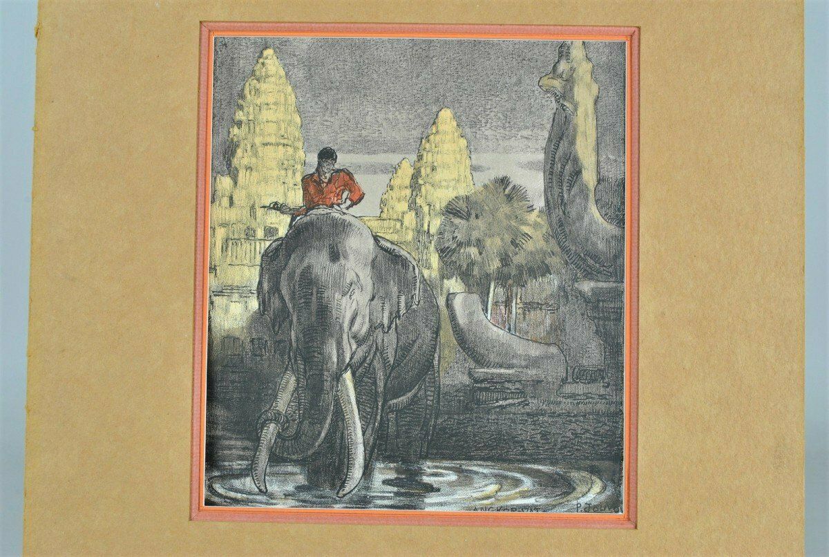 P Jouve, Angkor Wat, Lithograph, Xxth Century photo furniture