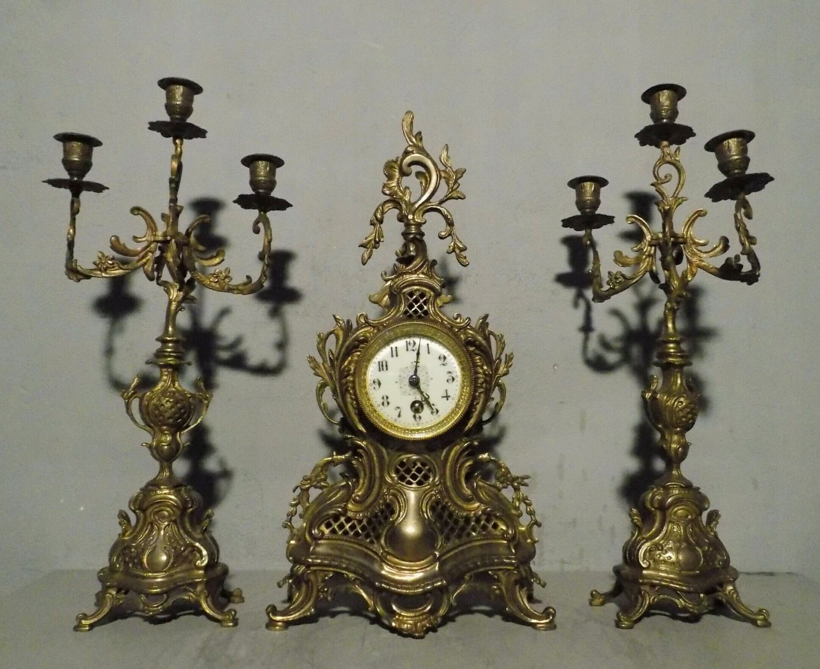 Antique Louis XVI French Set Of Bronze And Marble Clock & Candelabra