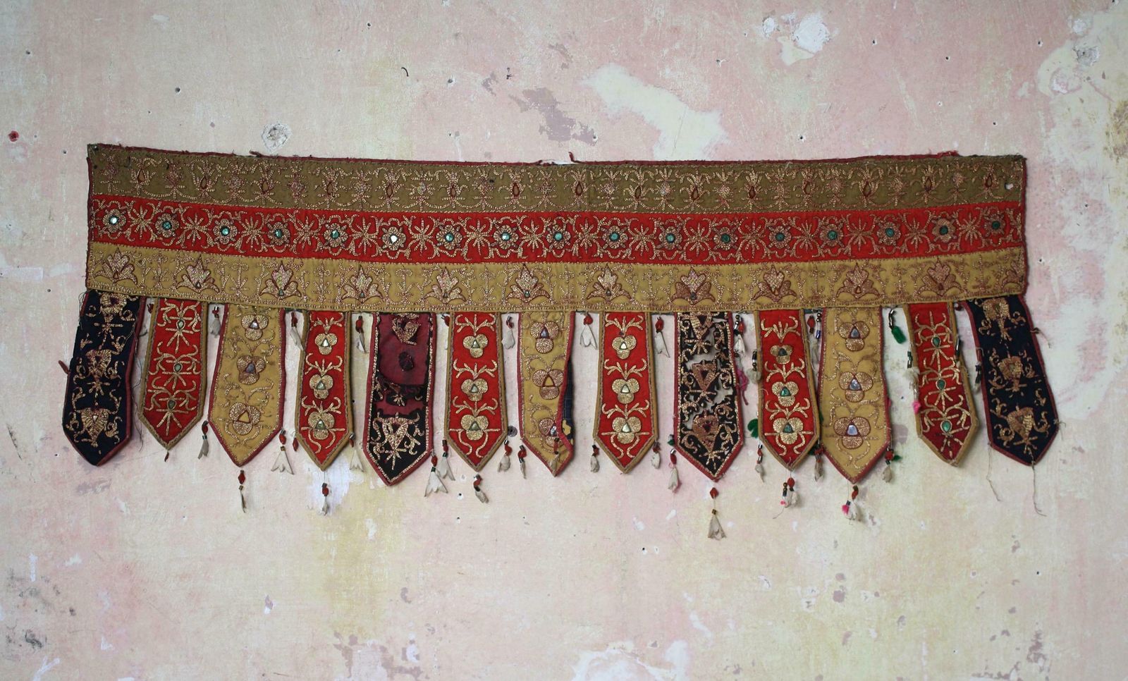 Pair Of Early 20th C Afghan Bejewelled & Gold Cotton Embroidered Door Pelmets photo for sale