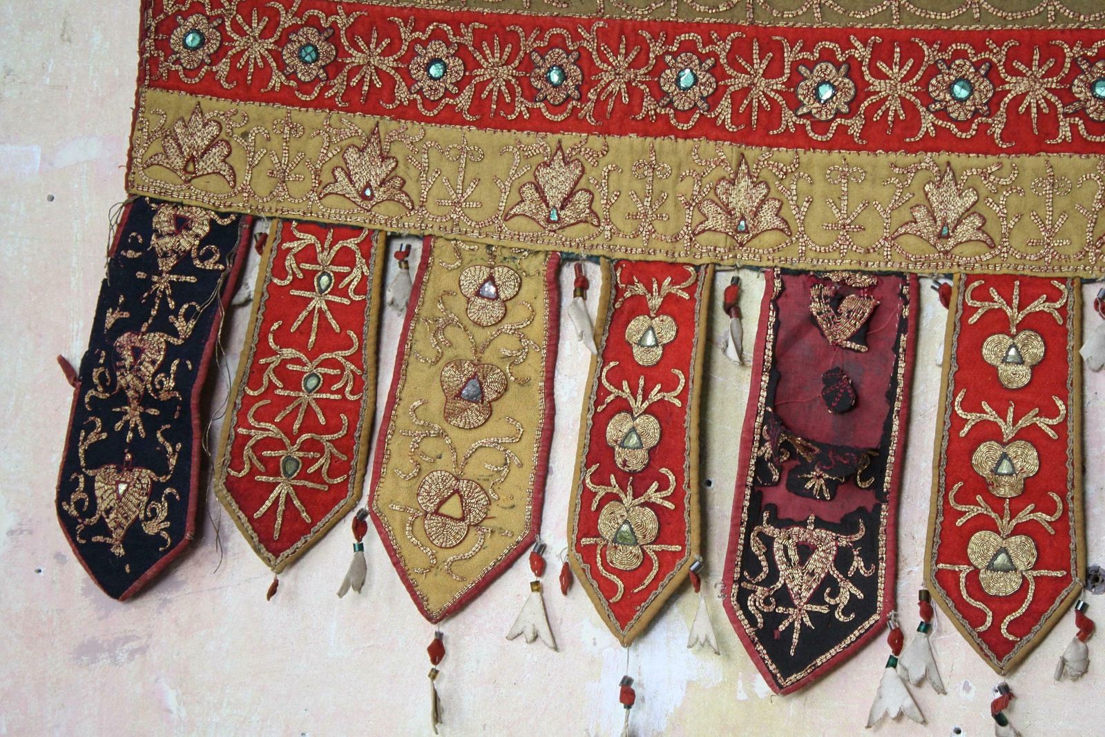 Pair Of Early 20th C Afghan Bejewelled & Gold Cotton Embroidered Door Pelmets photo Textiles