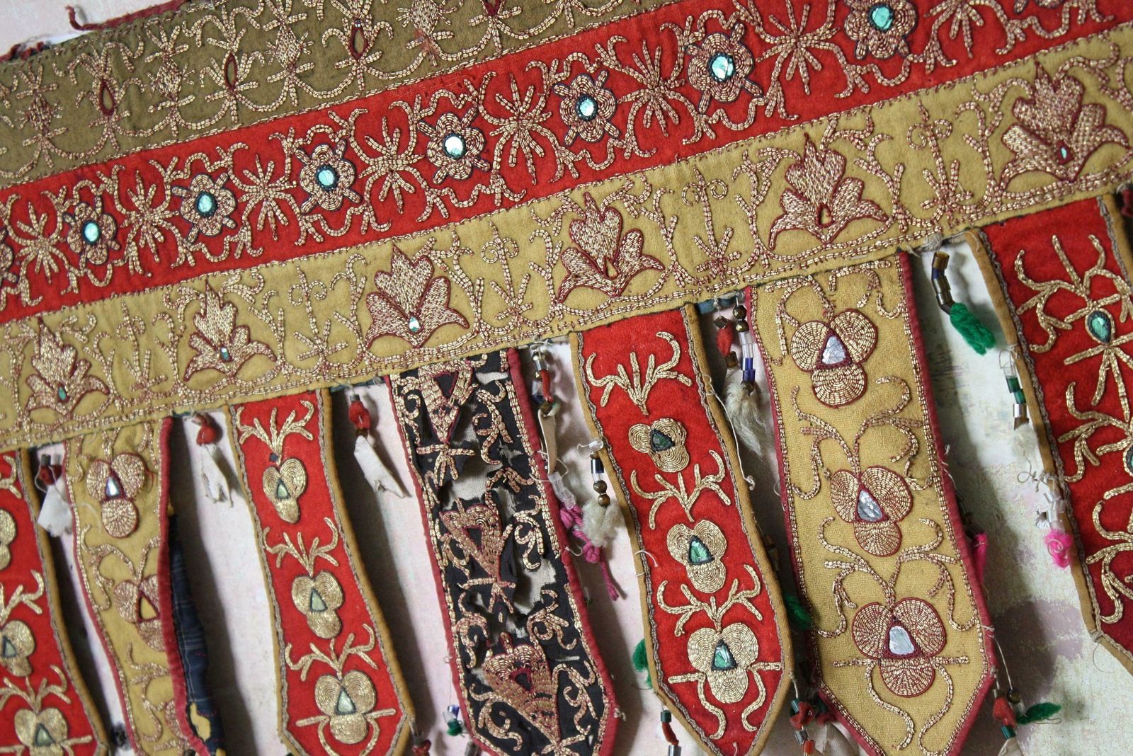 Pair Of Early 20th C Afghan Bejewelled & Gold Cotton Embroidered Door Pelmets photo vinterior
