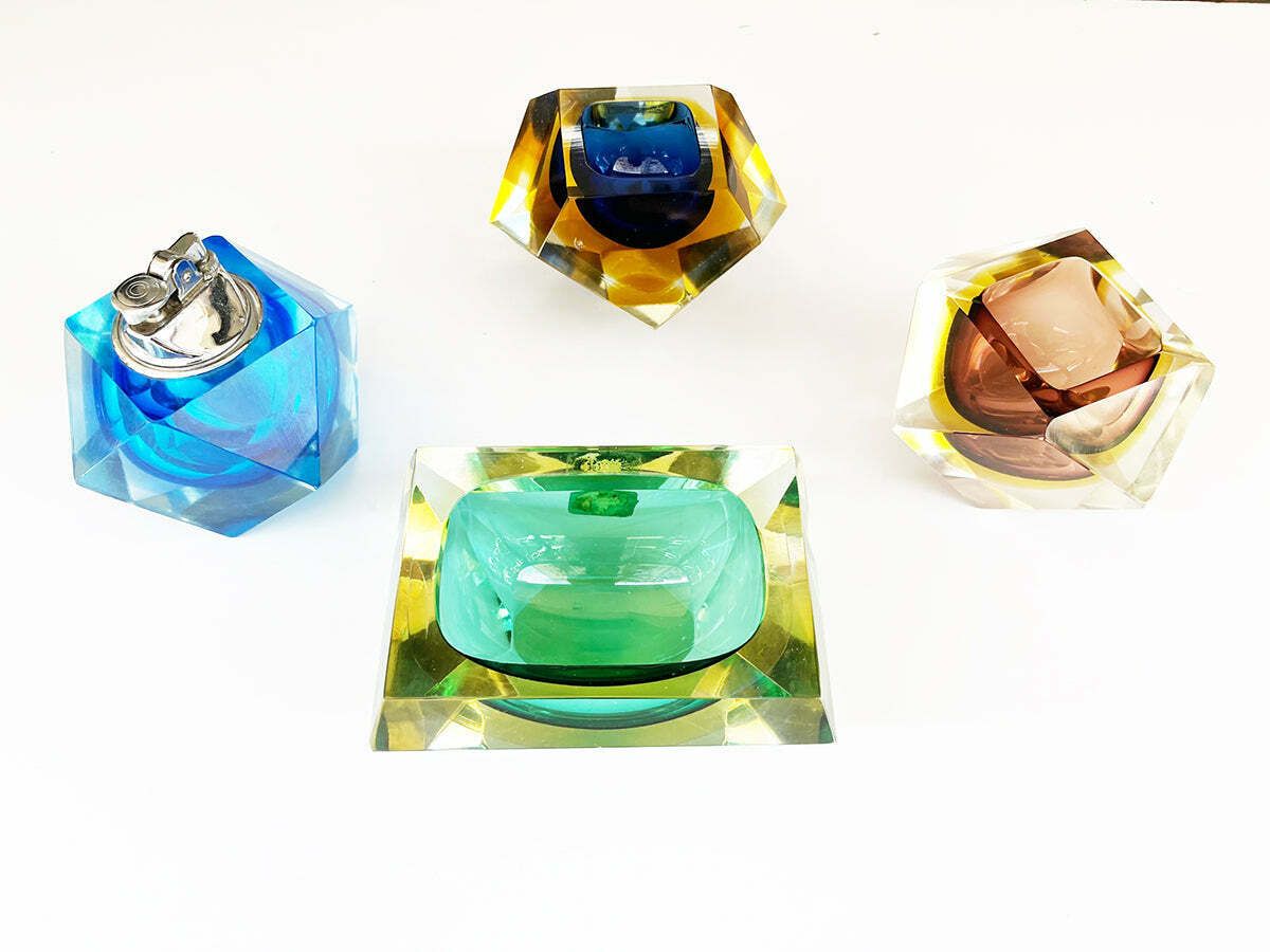 Lot Ashtrays And Diamond Lighter Murano Venice 1970 N. 4  Art