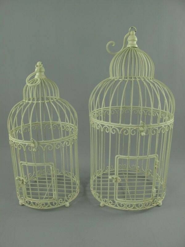 Antique Still Garden Cage White Round Set Of 2 Decorated With Birds