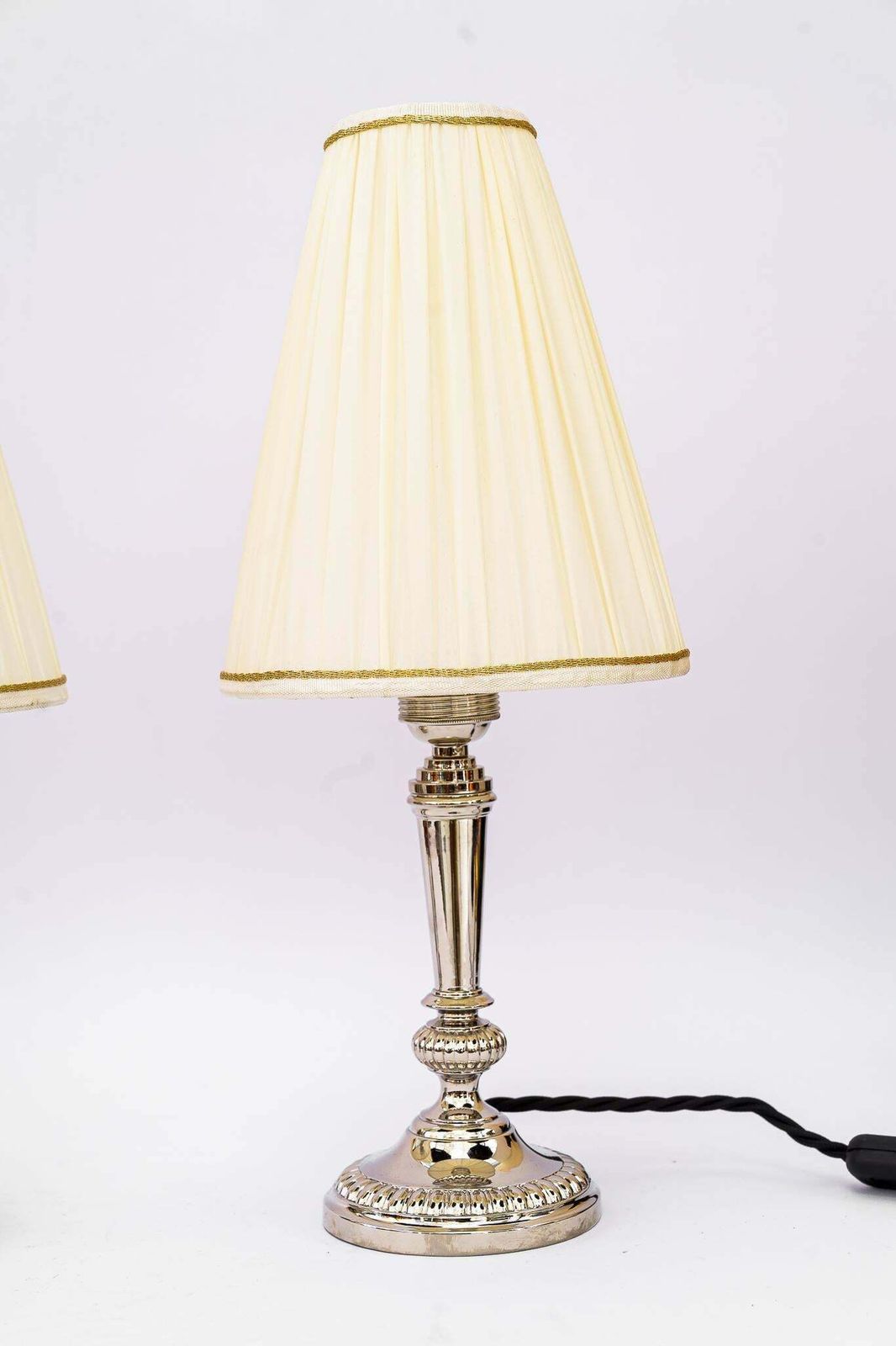 2 Art Deco Nickel, Plated Table Lamps With Fabric Shades, Vienna, Around 1920s photo for sale