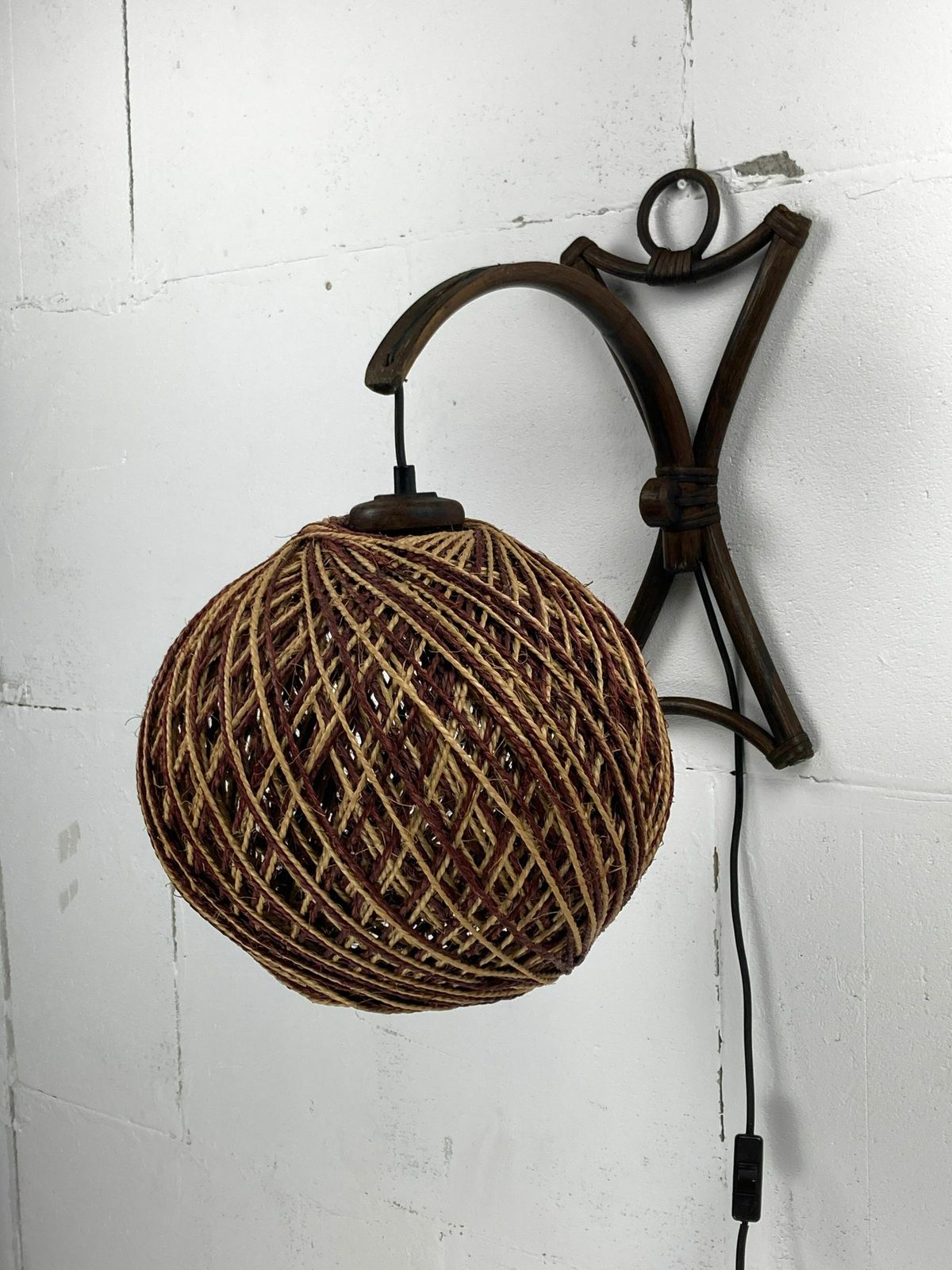 Rattan Bamboo And Rope Sisal Wall Lamp, Dutch 1960s photo vinterior