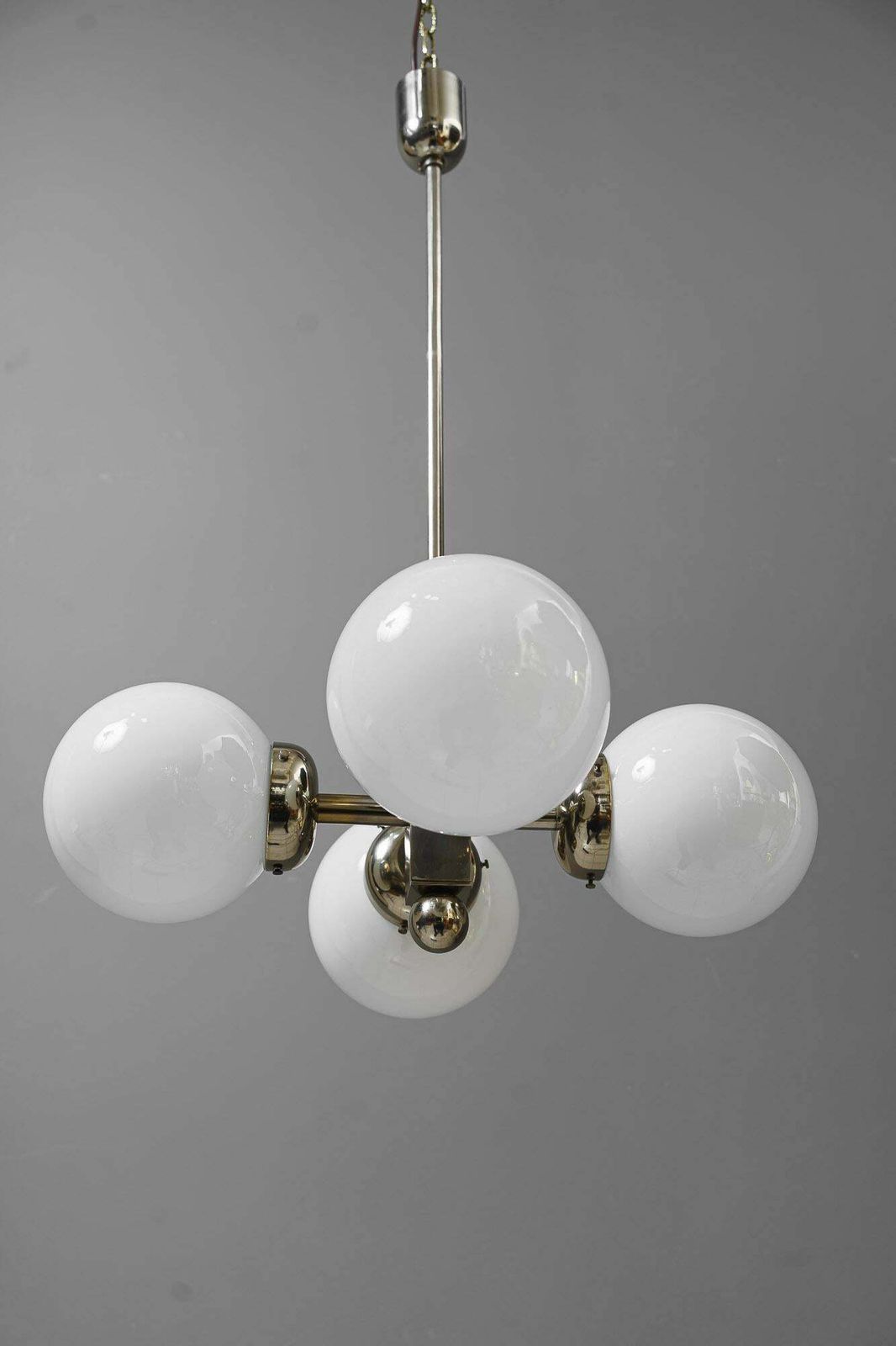 photo for sale Nickel Plated Art Deco Chandelier With Opal Glass Shades Vienna Around 1920s