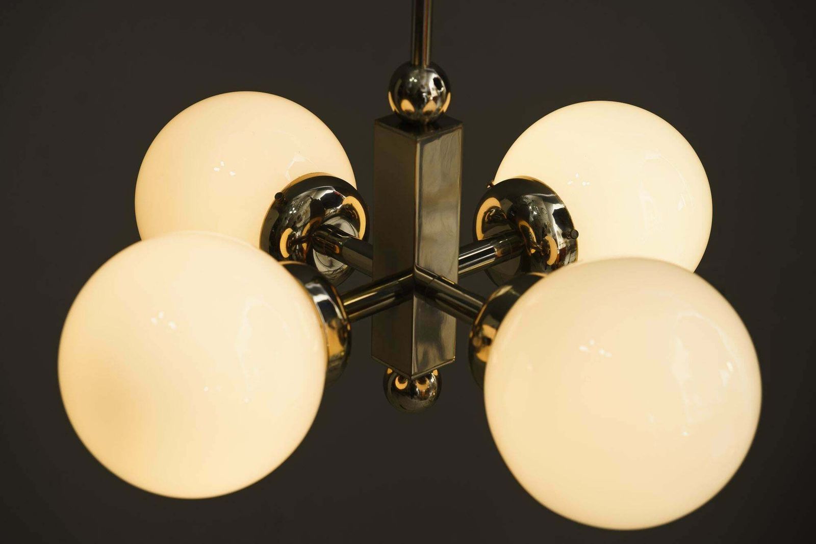 photo vinterior Nickel Plated Art Deco Chandelier With Opal Glass Shades Vienna Around 1920s