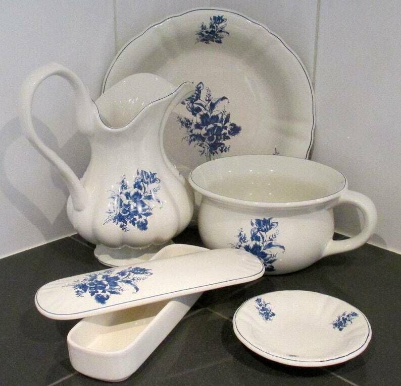Ceramic Bath Set, Vintage Bathroom Set, Floral Ornaments, Antique Home Decor 1960
