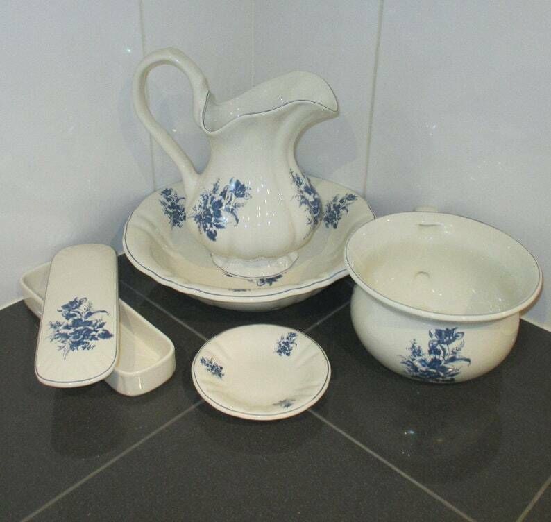 Ceramic Bath Set, Vintage Bathroom Set, Floral Ornaments, Antique Home Decor 1960 photo furniture