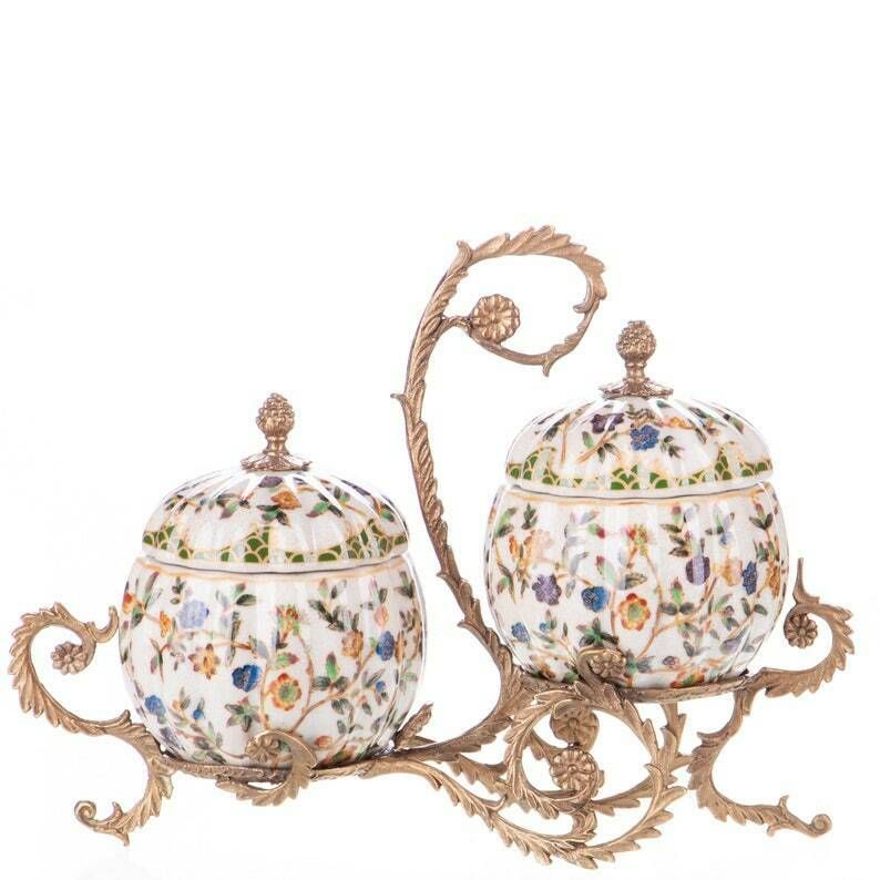 Porcelain Salt And Pepper Shakers On A Carved Antique Bronze Stand