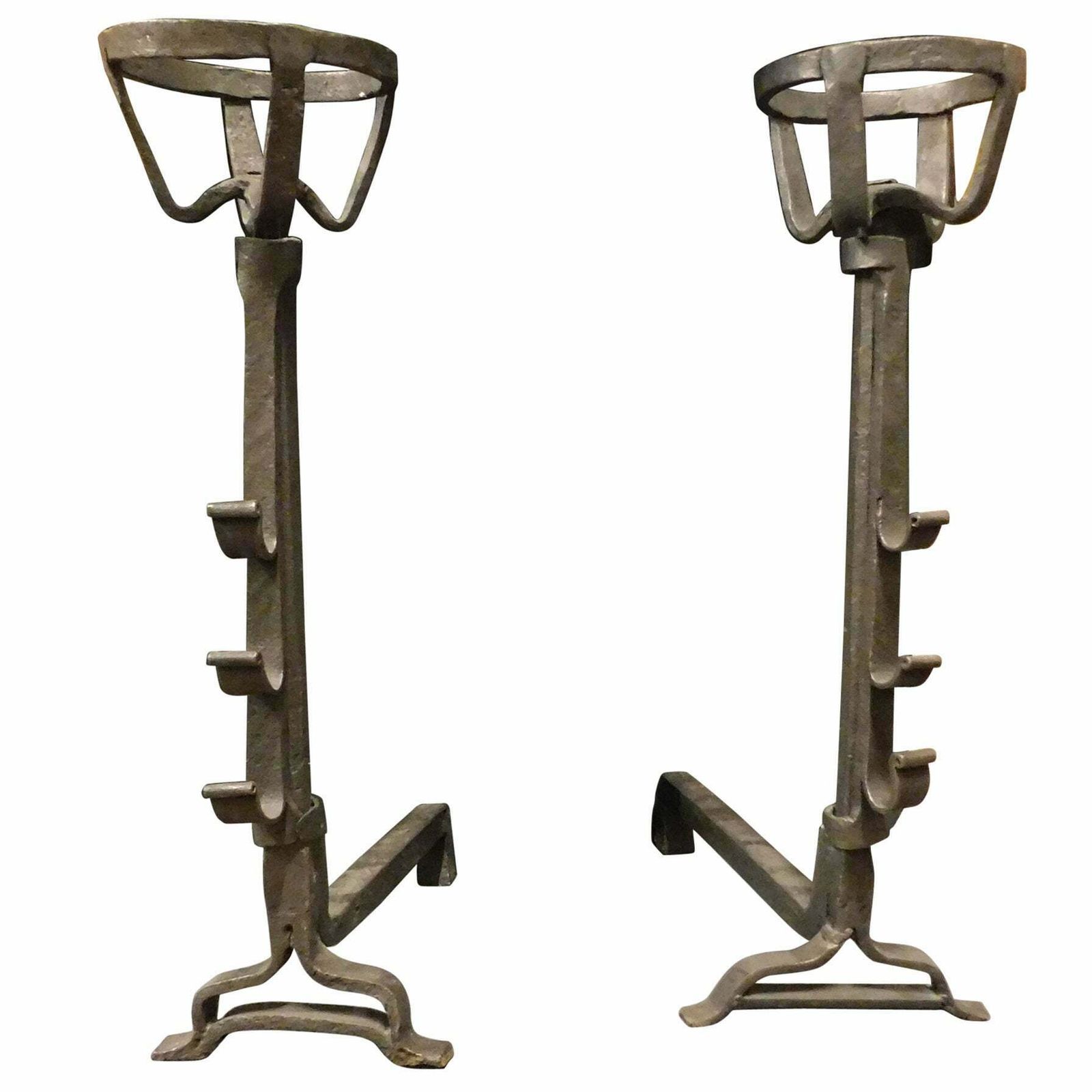 Pair Of Iron Antique Fire Dogs With Cup Holder 19th Century Italy