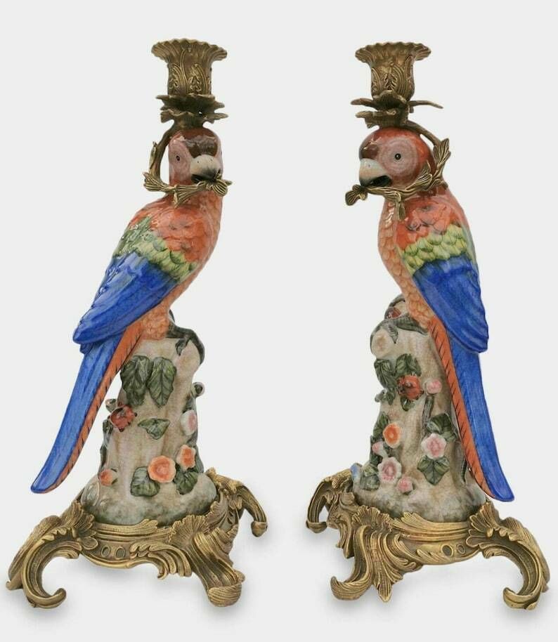 Parrots Shaped Candleholders Set, Red Birds Made Of Porcelain And Bronze, Antique Home Decor