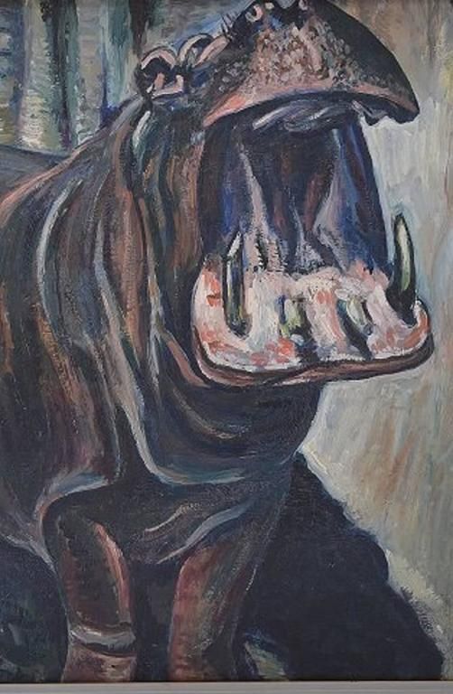 Pierre Noyelle French Artist, Hippopotamus Oil On Canvas photo for sale