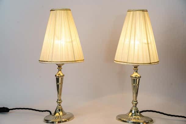 photo for sale 2 Table Lamps Alpaca With Oval Base And Fabric Shades Vienna Around 1920s