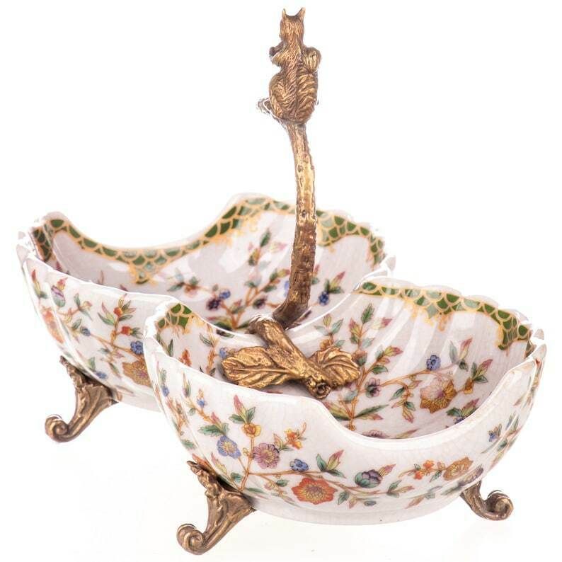 Bronze Mounted Porcelain Double Serving Bowl With Squirrel Figurine, Art Nouveau Style Art Gift Snack Bowl Centerpiece With Bronze Ornaments photo furniture