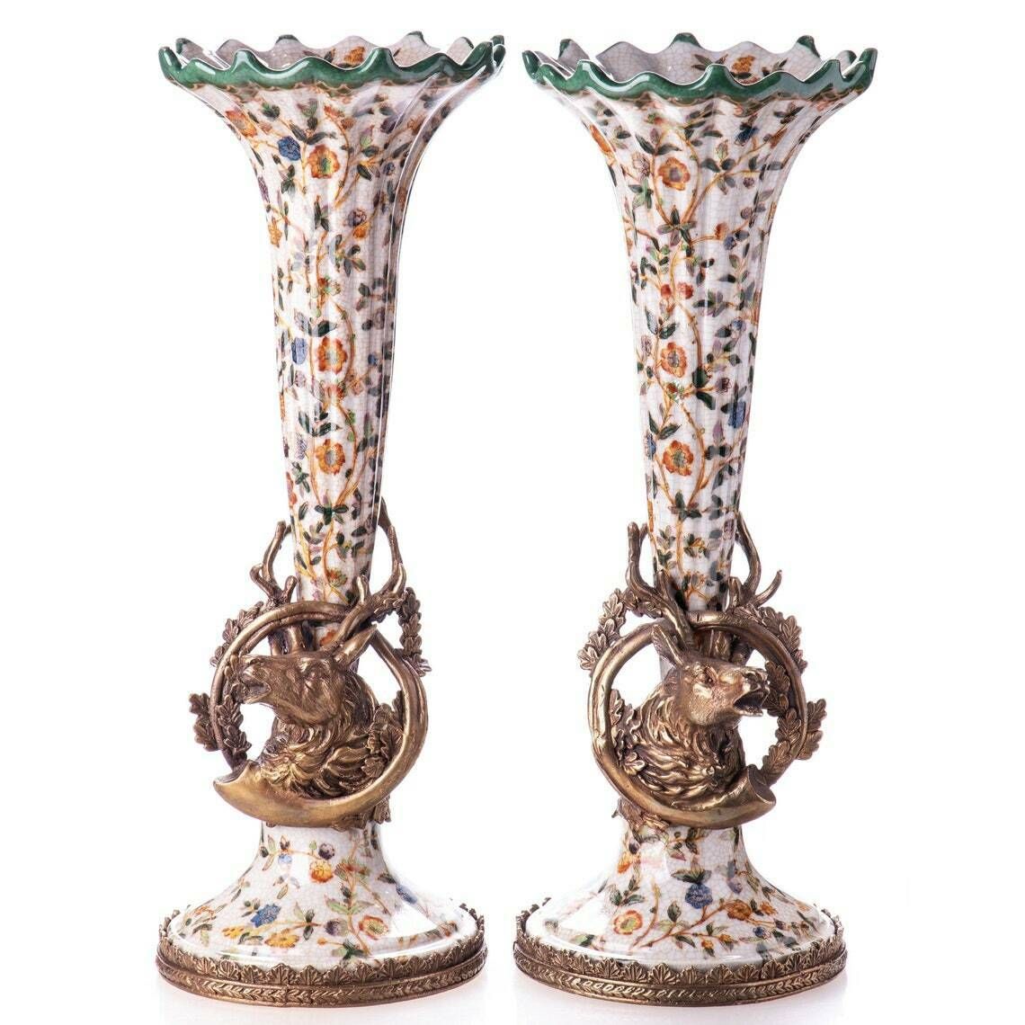 Antique Still Porcelain Set With Bronze Candlesticks / Vases With Deer