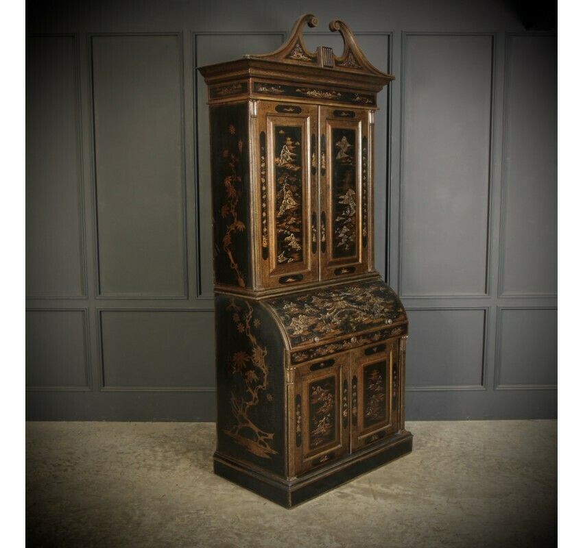 Magnificent Early 19th Century Chinoiserie Black Lacquered Bureau Bookcase photo furniture