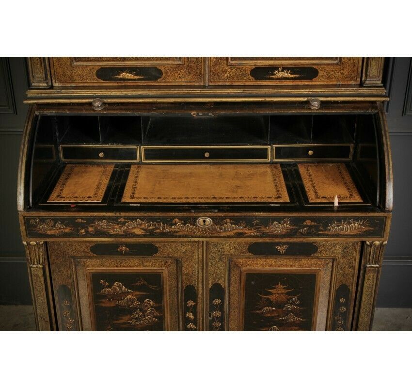 Magnificent Early 19th Century Chinoiserie Black Lacquered Bureau Bookcase photo buy