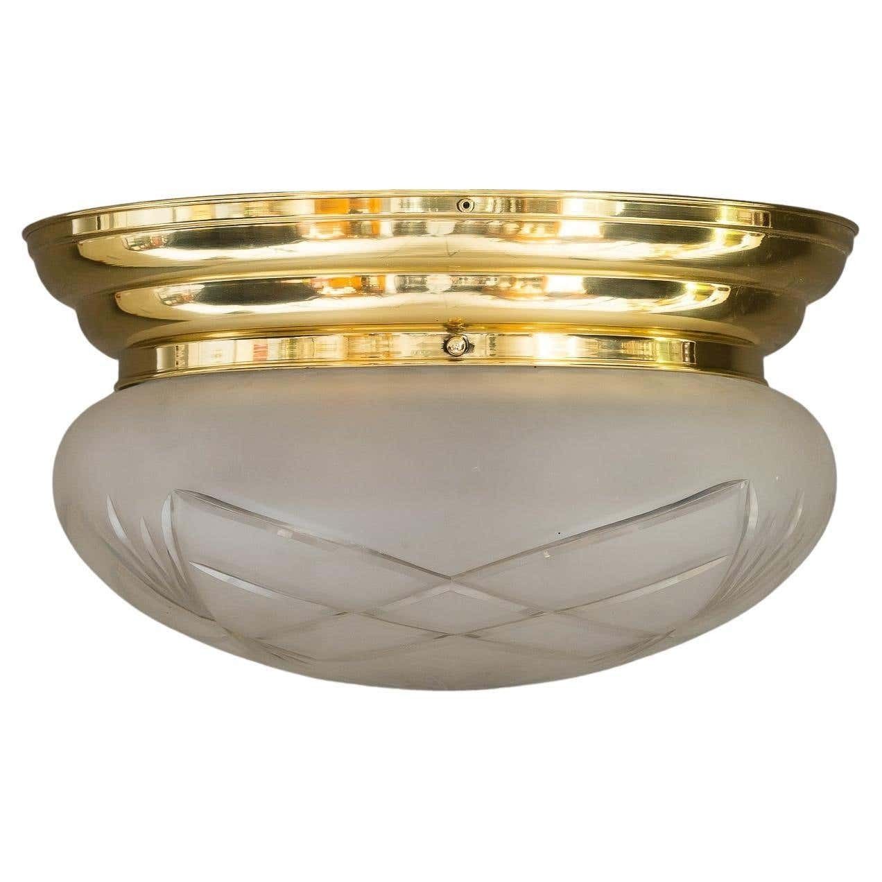 Art Deco Ceiling Lamp With Original Cut Glass Shade, Around 1920s