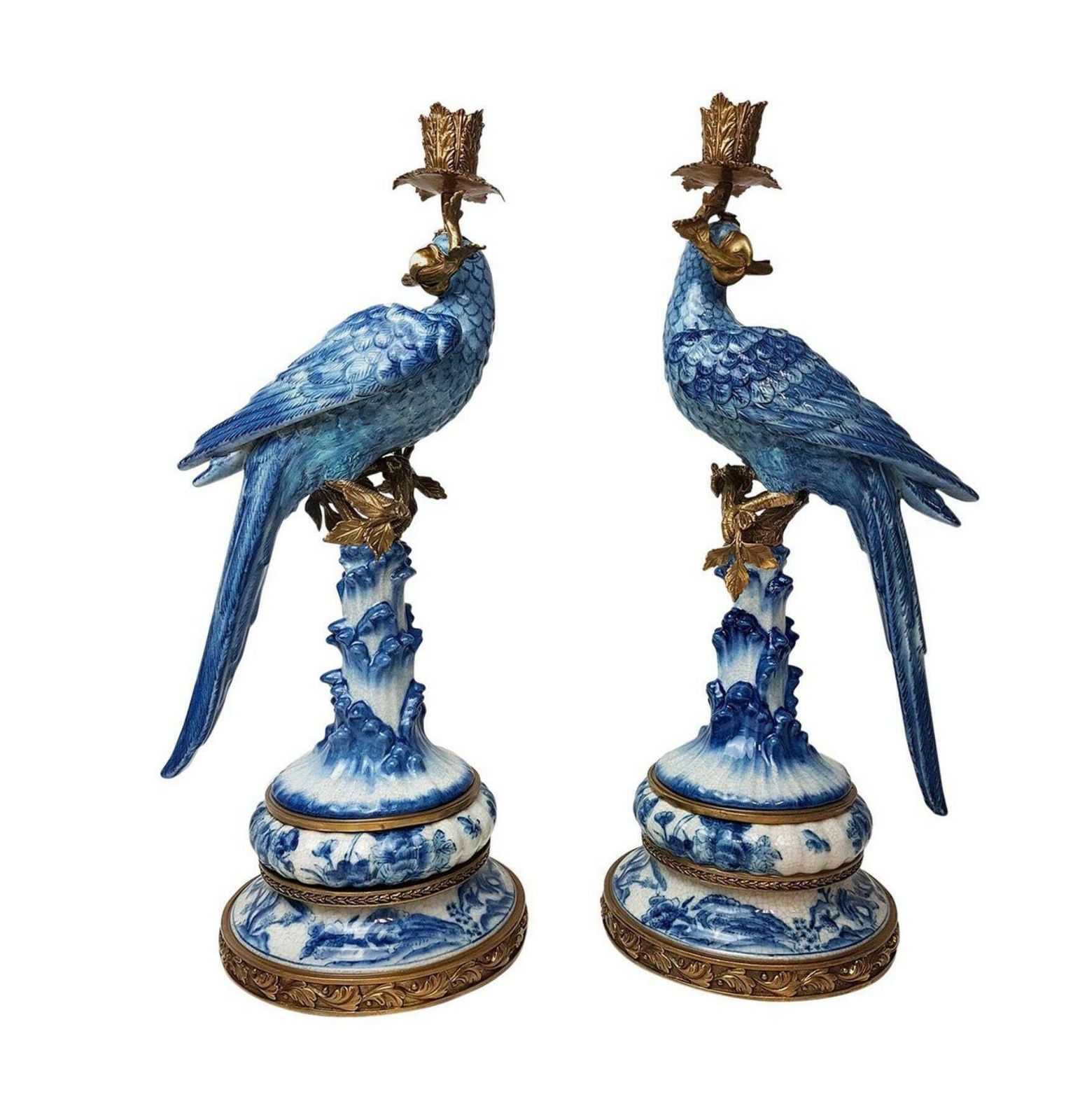 Pair Of Gilt Art Nouveau Style Brass Porcelain Parrot Standing Candlesticks