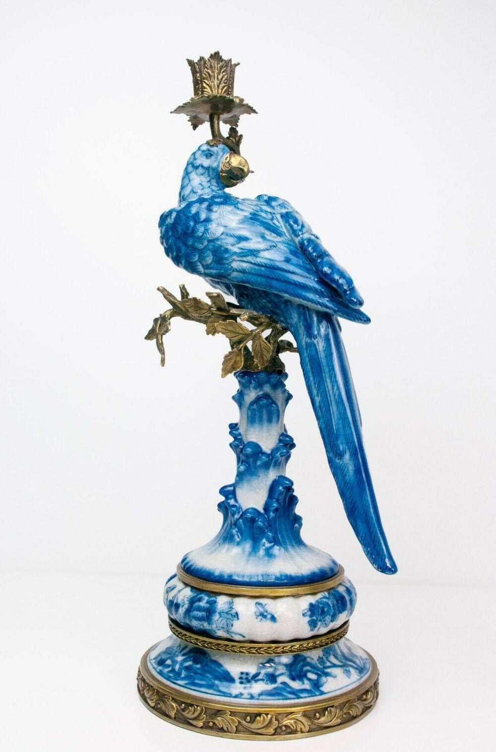 photo for sale Pair Of Gilt Art Nouveau Style Brass Porcelain Parrot Standing Candlesticks