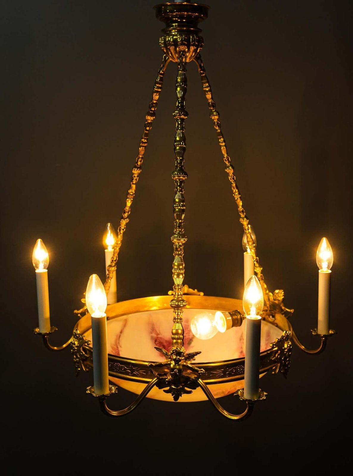 photo buy Fire Gilted Art Deco Chandelier With Original Glass Shade Around 1920s
